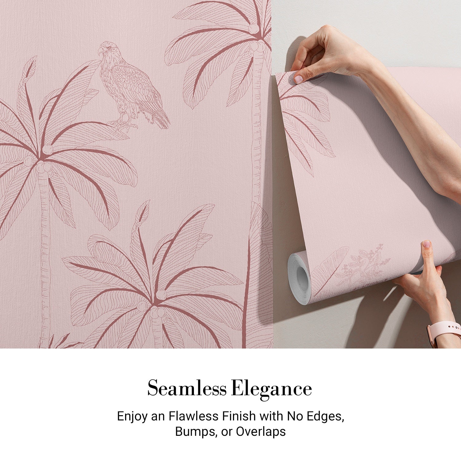 Pink tonal jungle mural with tigers, leopards and palm trees in delicate illustration style - view 3 - final