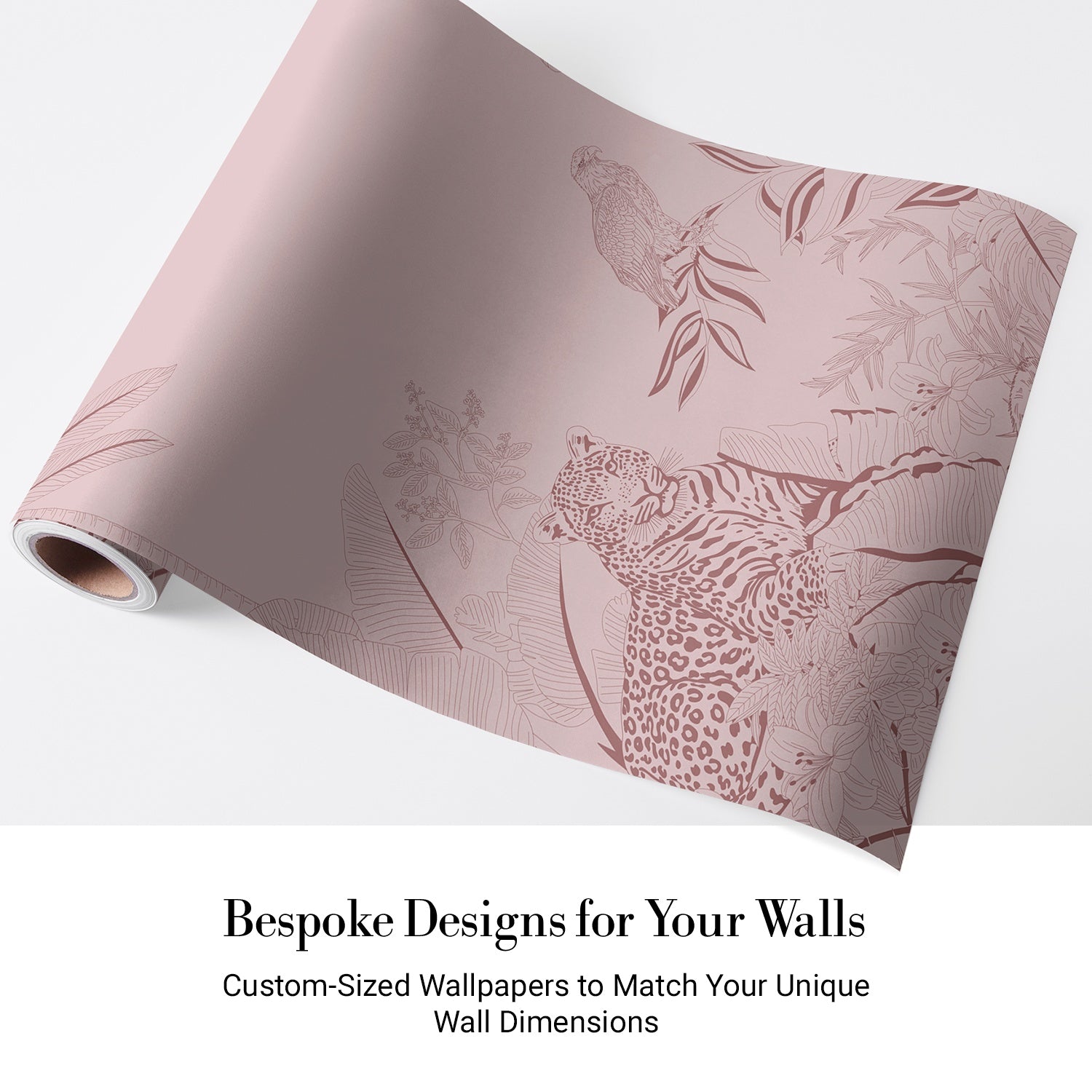 Pink tonal jungle mural with tigers, leopards and palm trees in delicate illustration style - view 4 - final