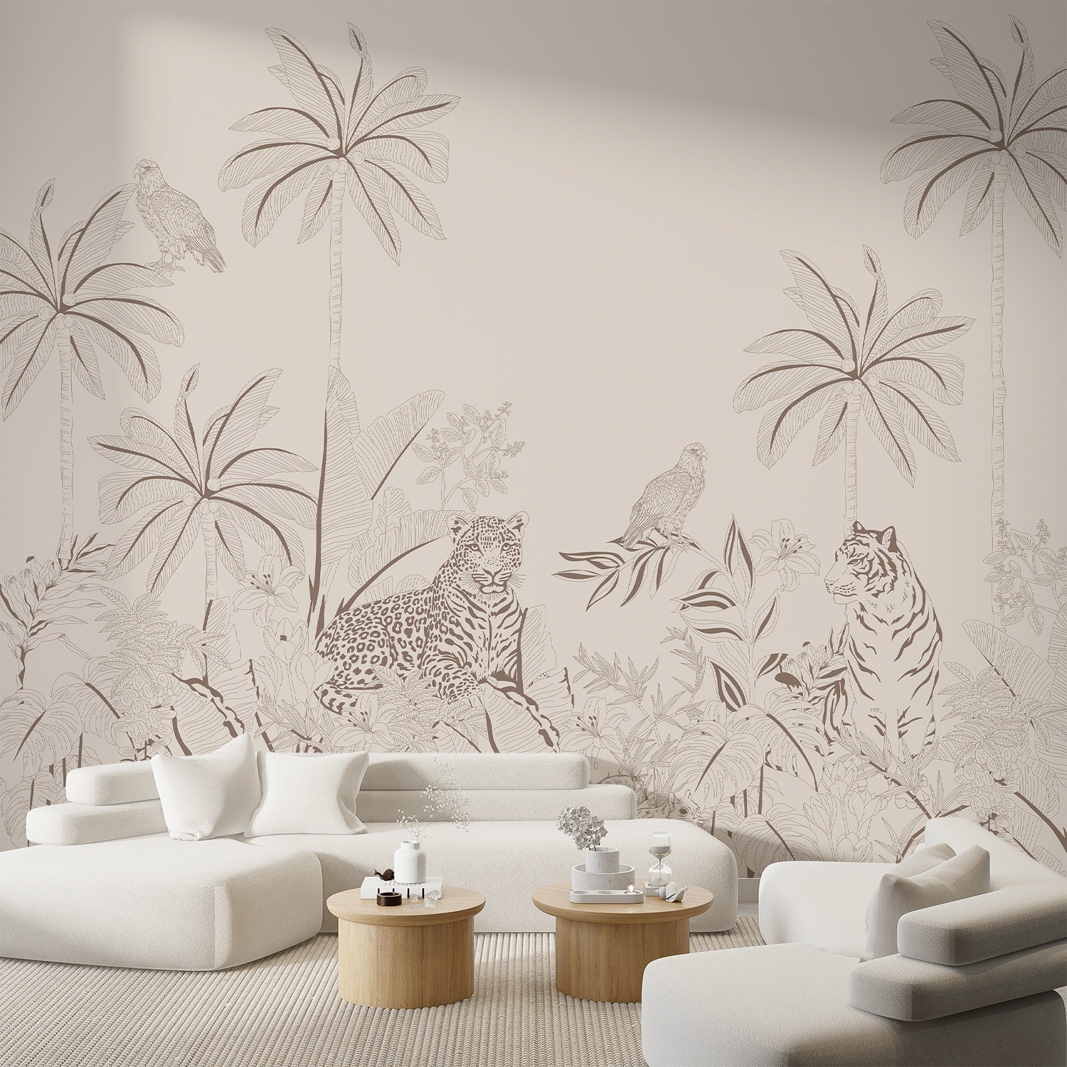 Pink tonal jungle mural with tigers, leopards and palm trees in delicate illustration style - view 7 - final