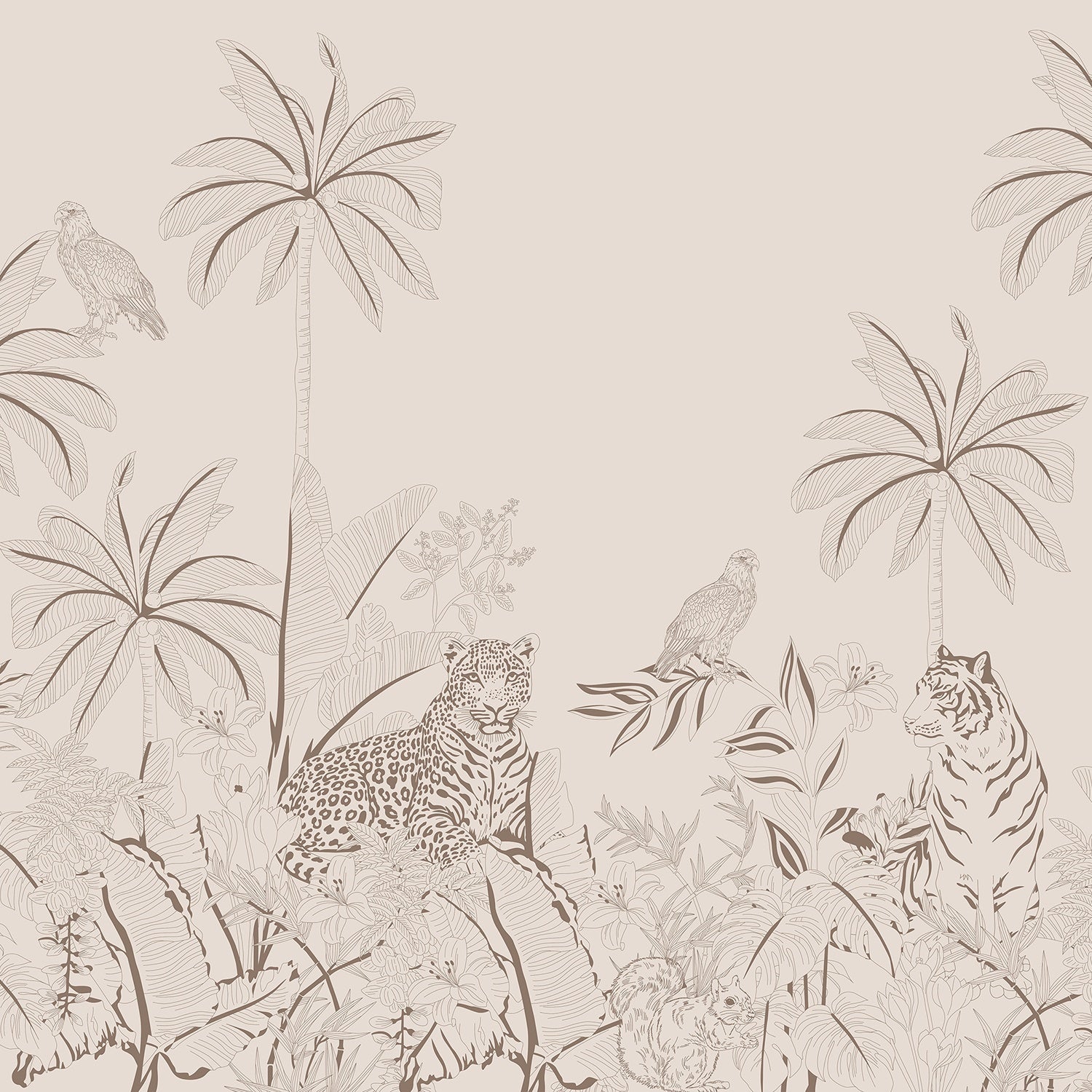Pink tonal jungle mural with tigers, leopards and palm trees in delicate illustration style - view 8 - final