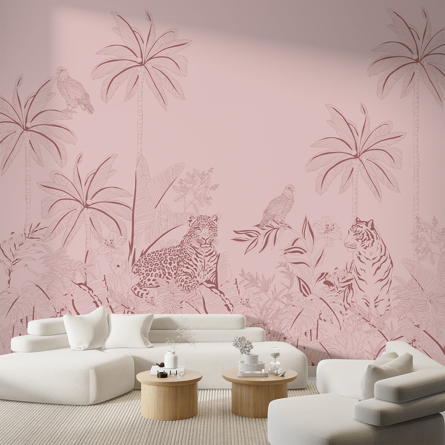 Pink tonal jungle mural with tigers, leopards and palm trees in delicate illustration style - final living-room