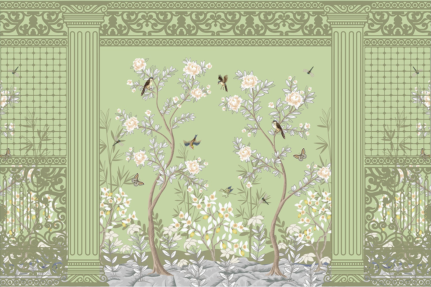Timeless Chinoiserie garden scene in lea - "european" wallpaper mural-inequal final