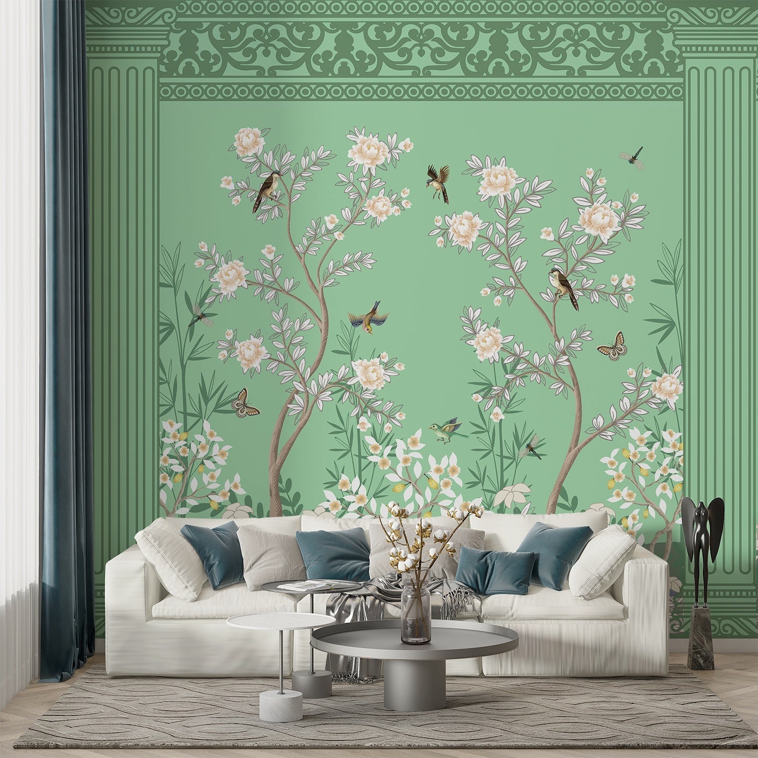 Elegant chinoiserie mural with white blossoms and birds on turquoise background with ornate borders - view 11 - final