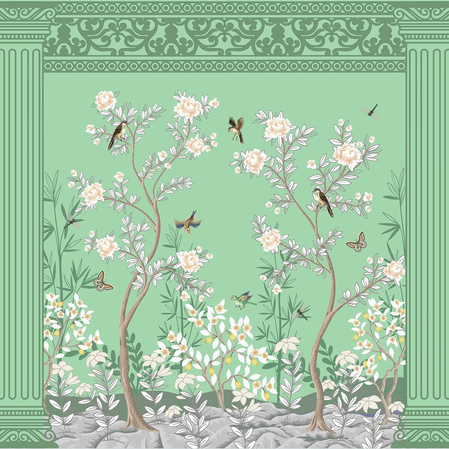 Elegant chinoiserie mural with white blossoms and birds on turquoise background with ornate borders - view 12 - final
