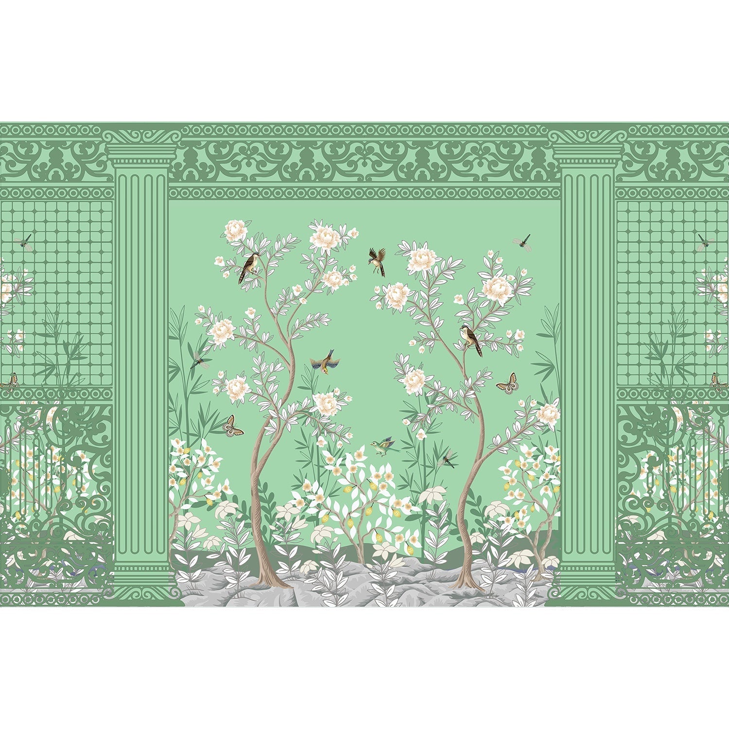 Timeless Chinoiserie garden scene in lea - "european" wallpaper mural-equal final