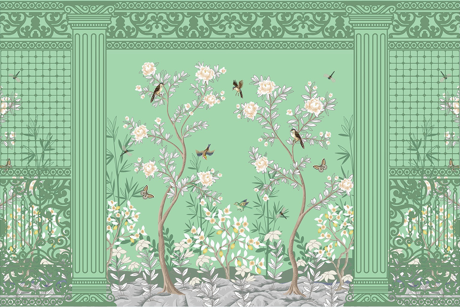 Timeless Chinoiserie garden scene in lea - "european" wallpaper mural-inequal final
