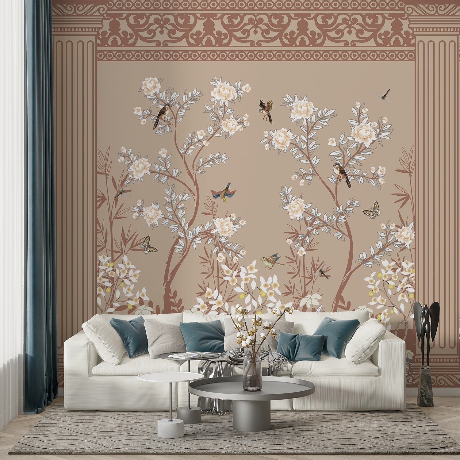 Elegant chinoiserie mural with white blossoms and birds on turquoise background with ornate borders - view 15 - final