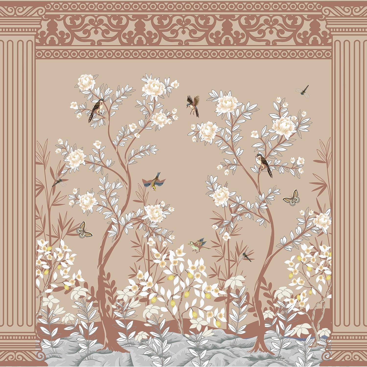 Elegant chinoiserie mural with white blossoms and birds on turquoise background with ornate borders - view 16 - final