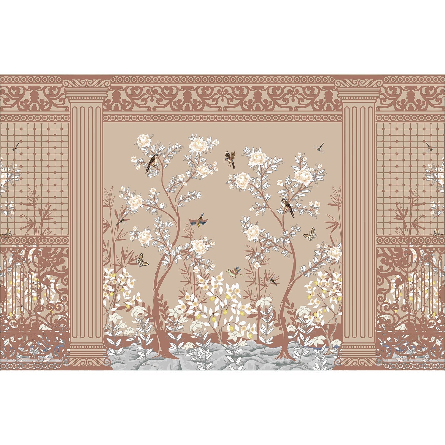 Timeless Chinoiserie garden scene in lea - "european" wallpaper mural-equal final