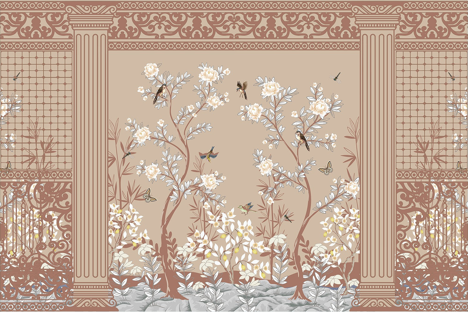 Timeless Chinoiserie garden scene in lea - "european" wallpaper mural-inequal final