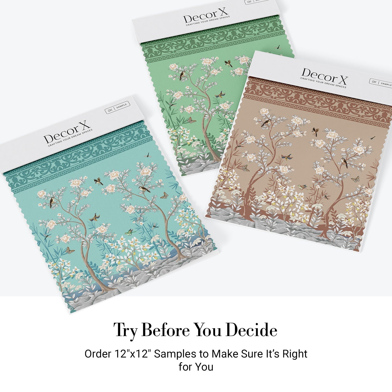 Elegant chinoiserie mural with white blossoms and birds on turquoise background with ornate borders - view 19 - final all-groups samples