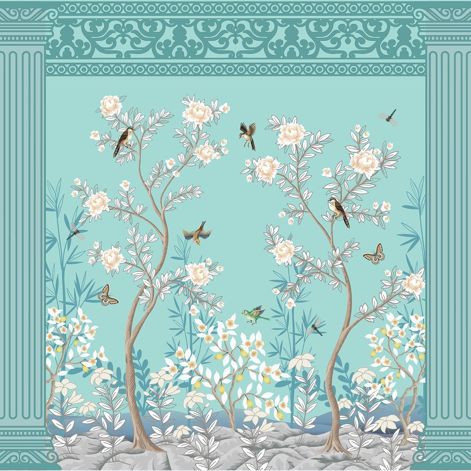 Elegant chinoiserie mural with white blossoms and birds on turquoise background with ornate borders - view 2 - final