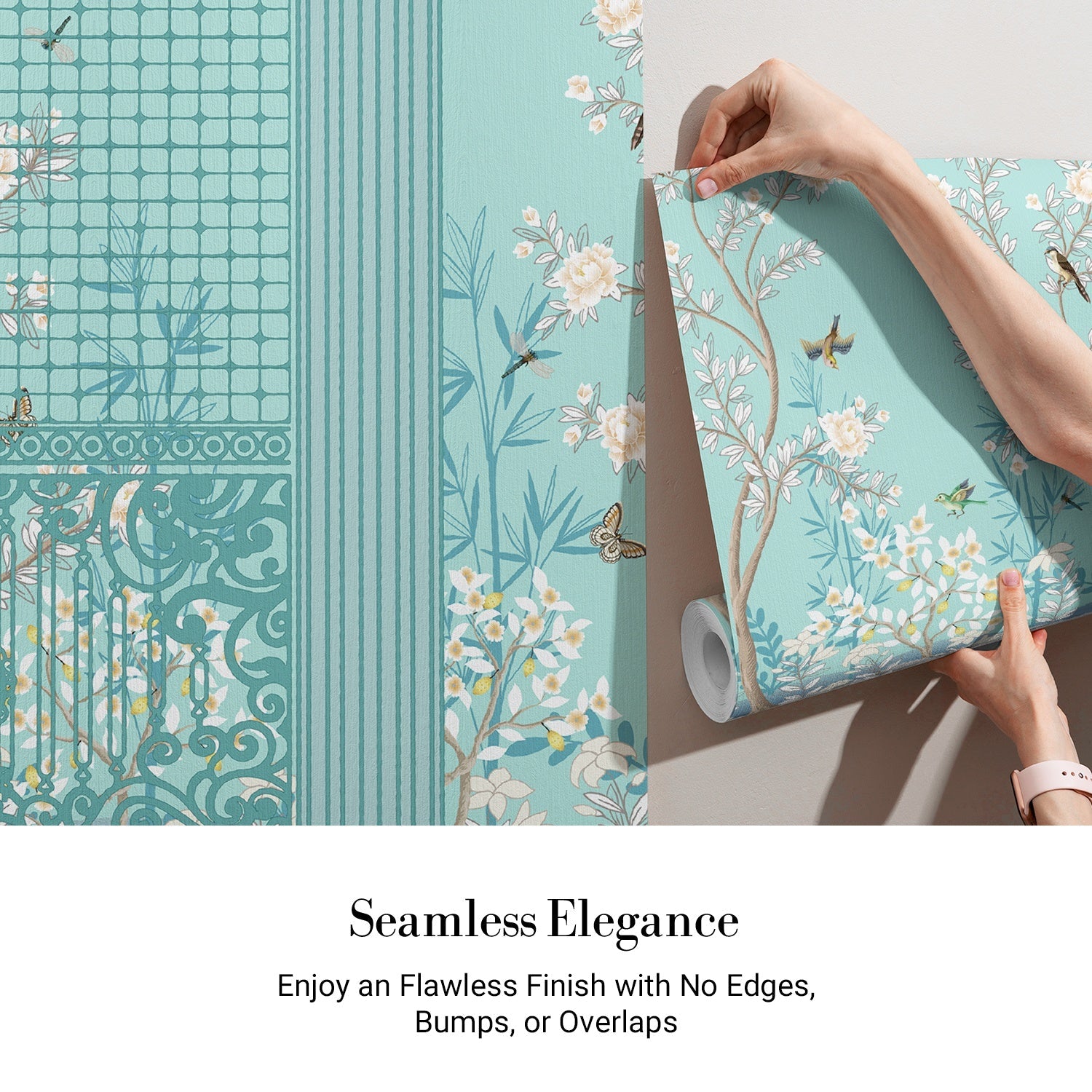 Elegant chinoiserie mural with white blossoms and birds on turquoise background with ornate borders - view 3 - final