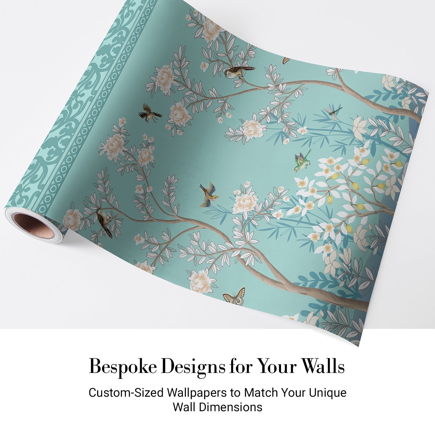 Elegant chinoiserie mural with white blossoms and birds on turquoise background with ornate borders - view 4 - final