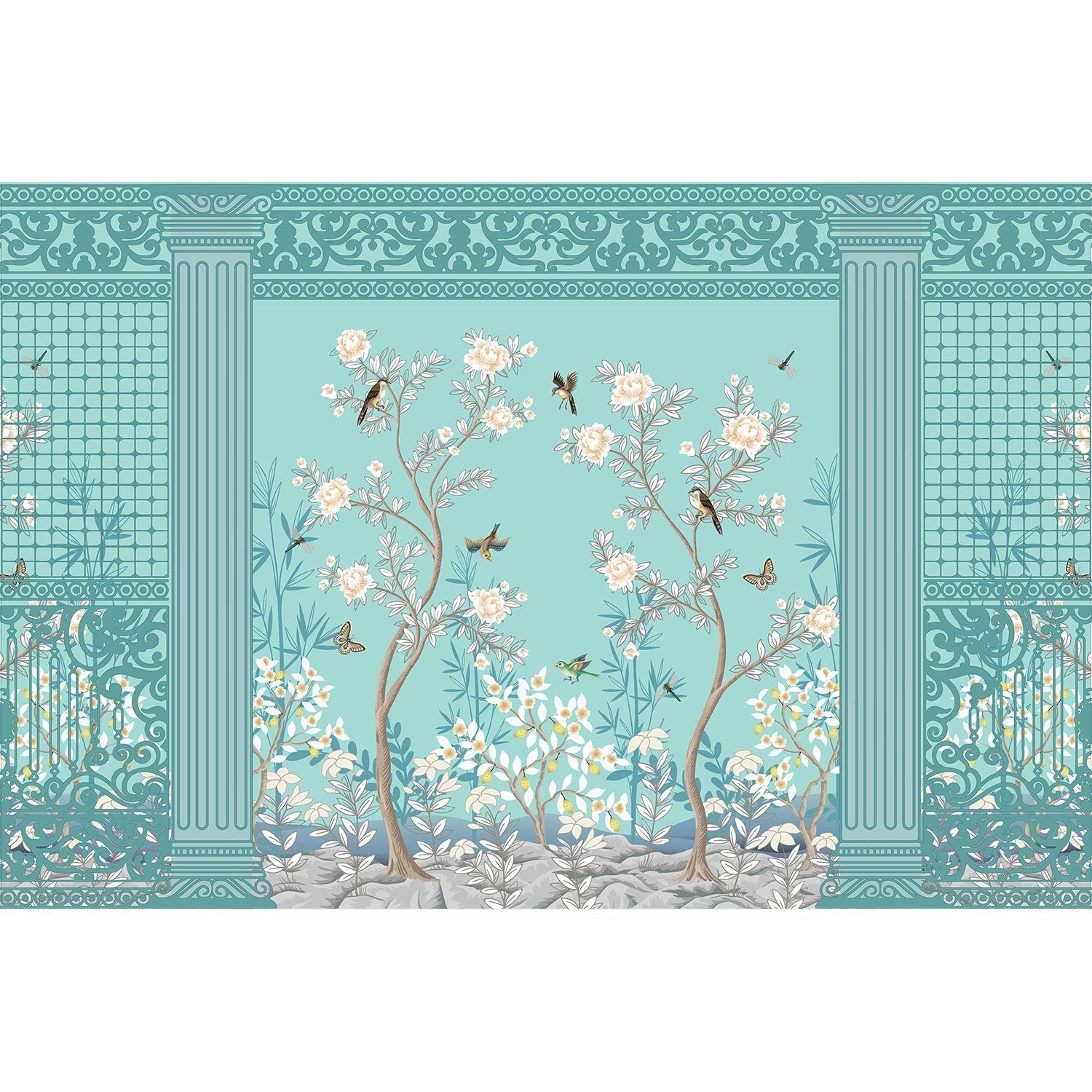 Timeless Chinoiserie garden scene in lea - "european" wallpaper mural-equal final