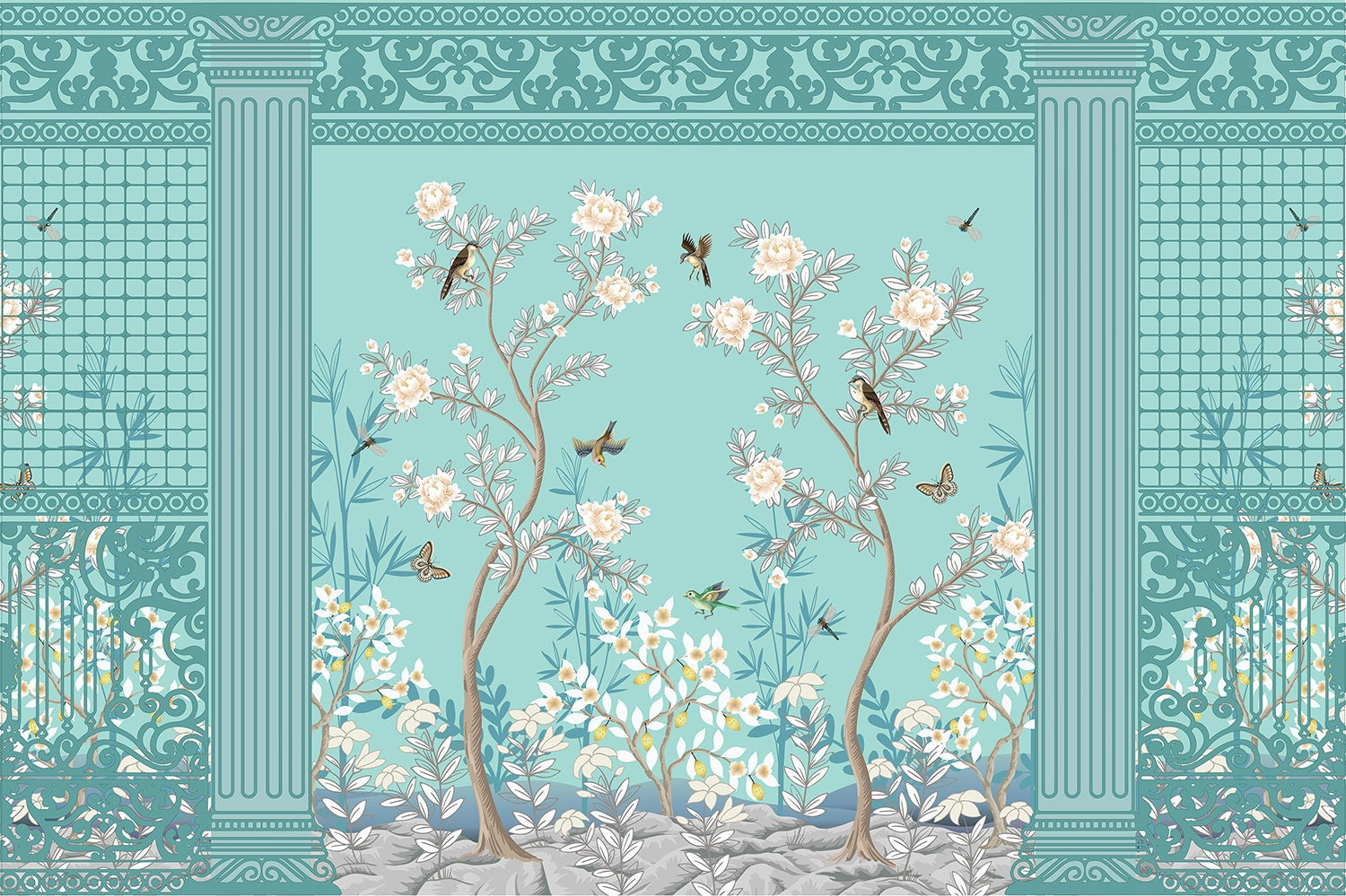 Timeless Chinoiserie garden scene in lea - "european" wallpaper mural-inequal final