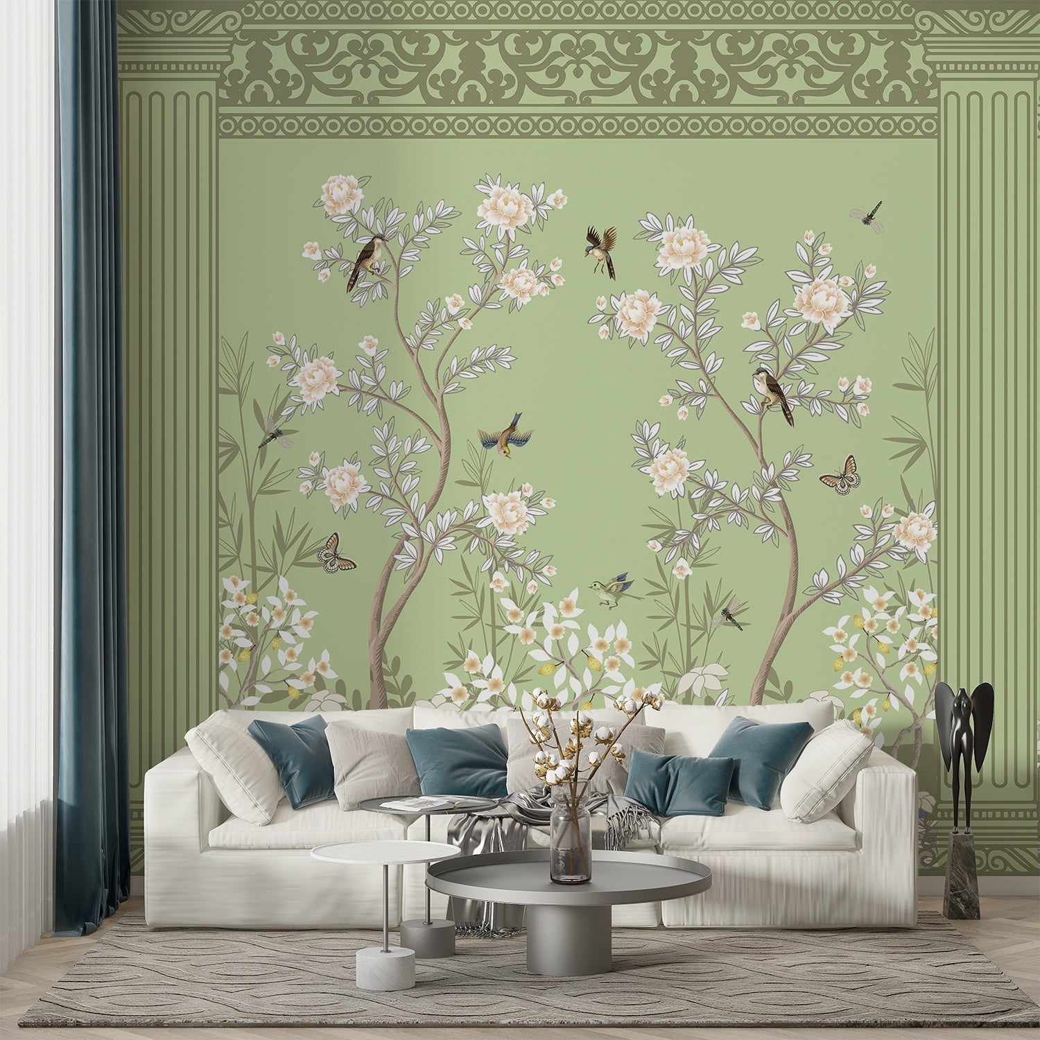 Elegant chinoiserie mural with white blossoms and birds on turquoise background with ornate borders - view 7 - final