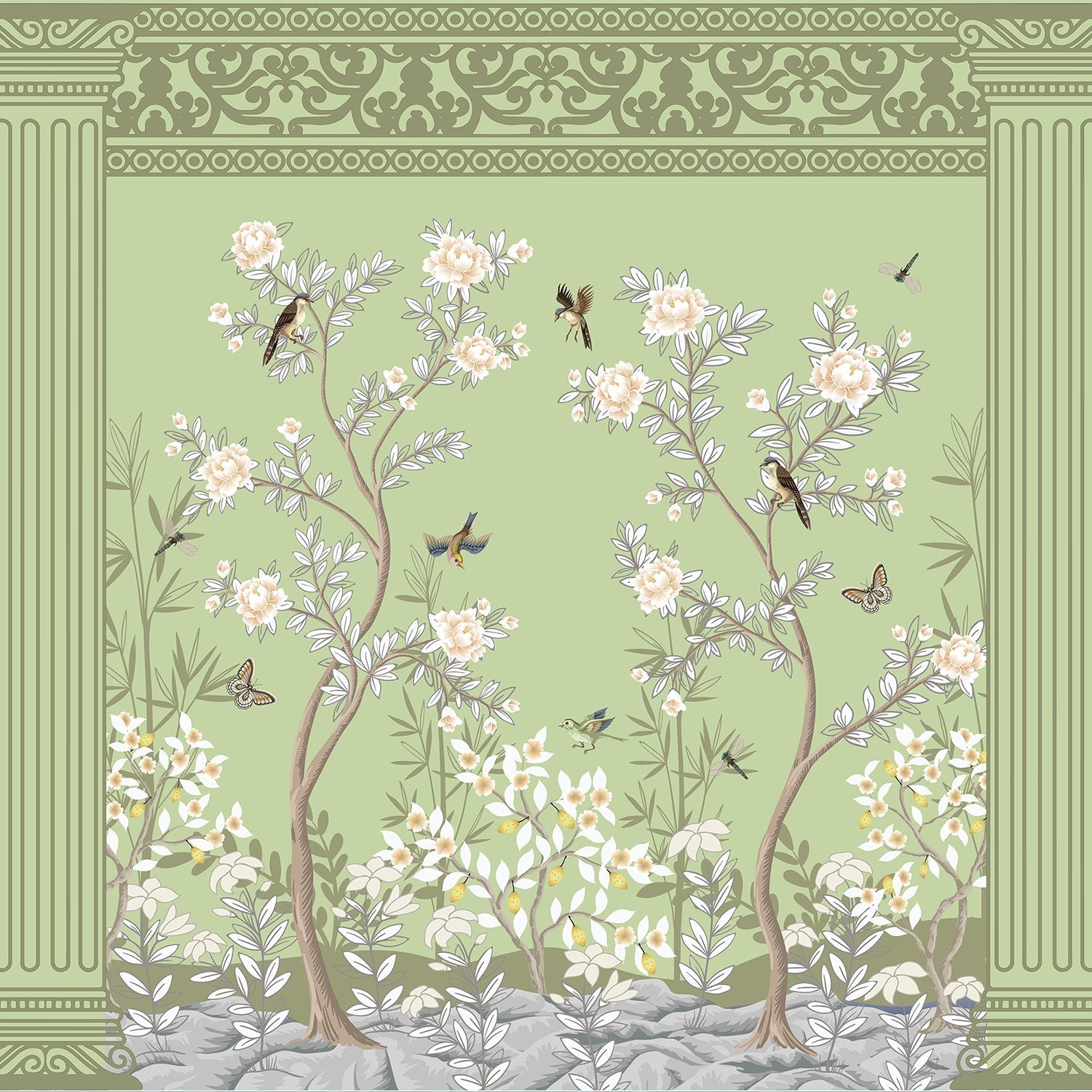 Elegant chinoiserie mural with white blossoms and birds on turquoise background with ornate borders - view 8 - final