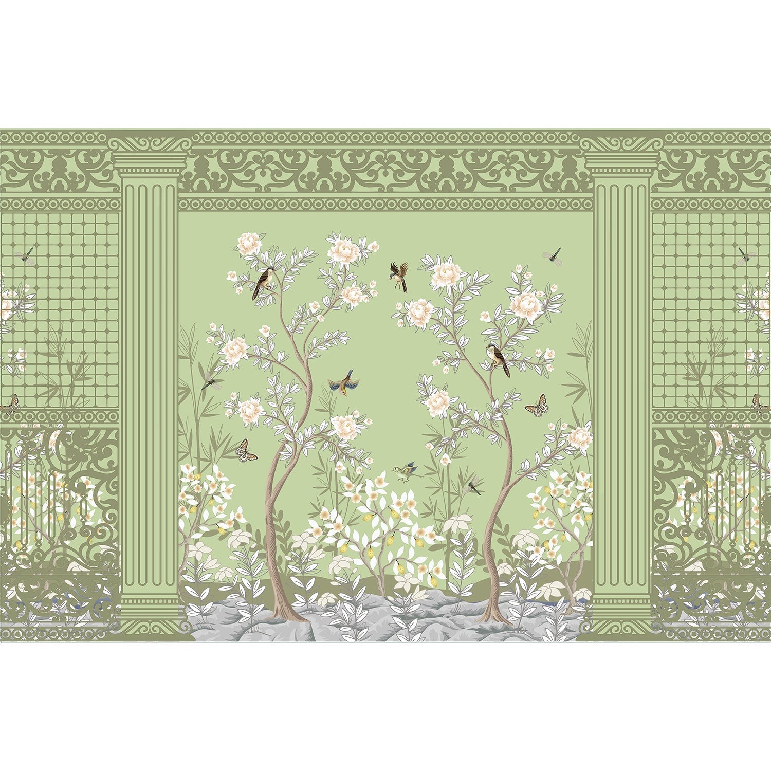 Timeless Chinoiserie garden scene in lea - "european" wallpaper mural-equal final