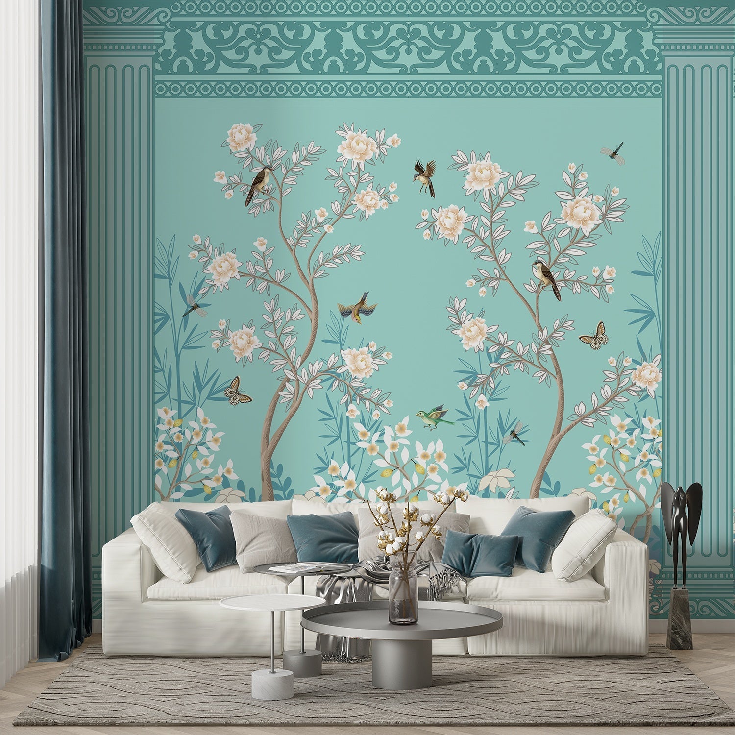 Elegant chinoiserie mural with white blossoms and birds on turquoise background with ornate borders - final living-room