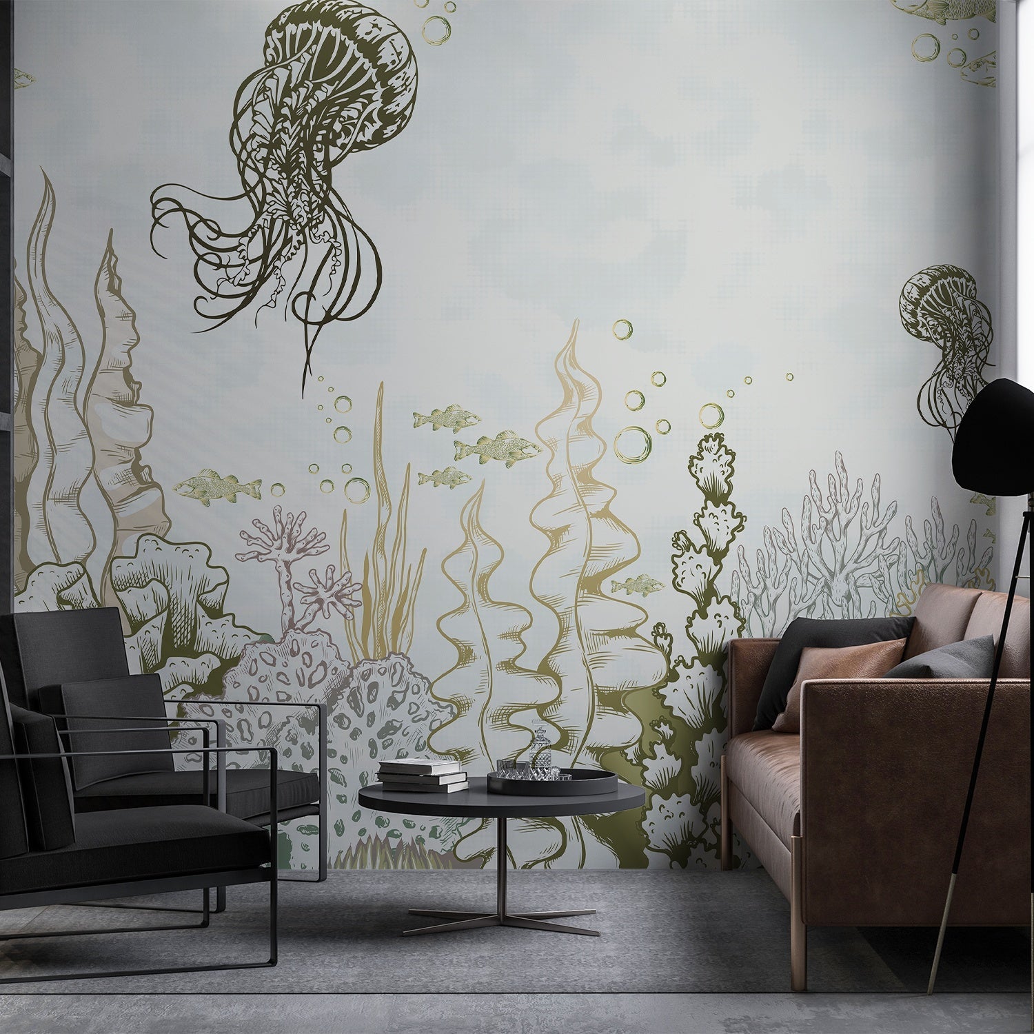 Delicate blue underwater mural with floating jellyfish and coral reef marine life elements - view 11 - final