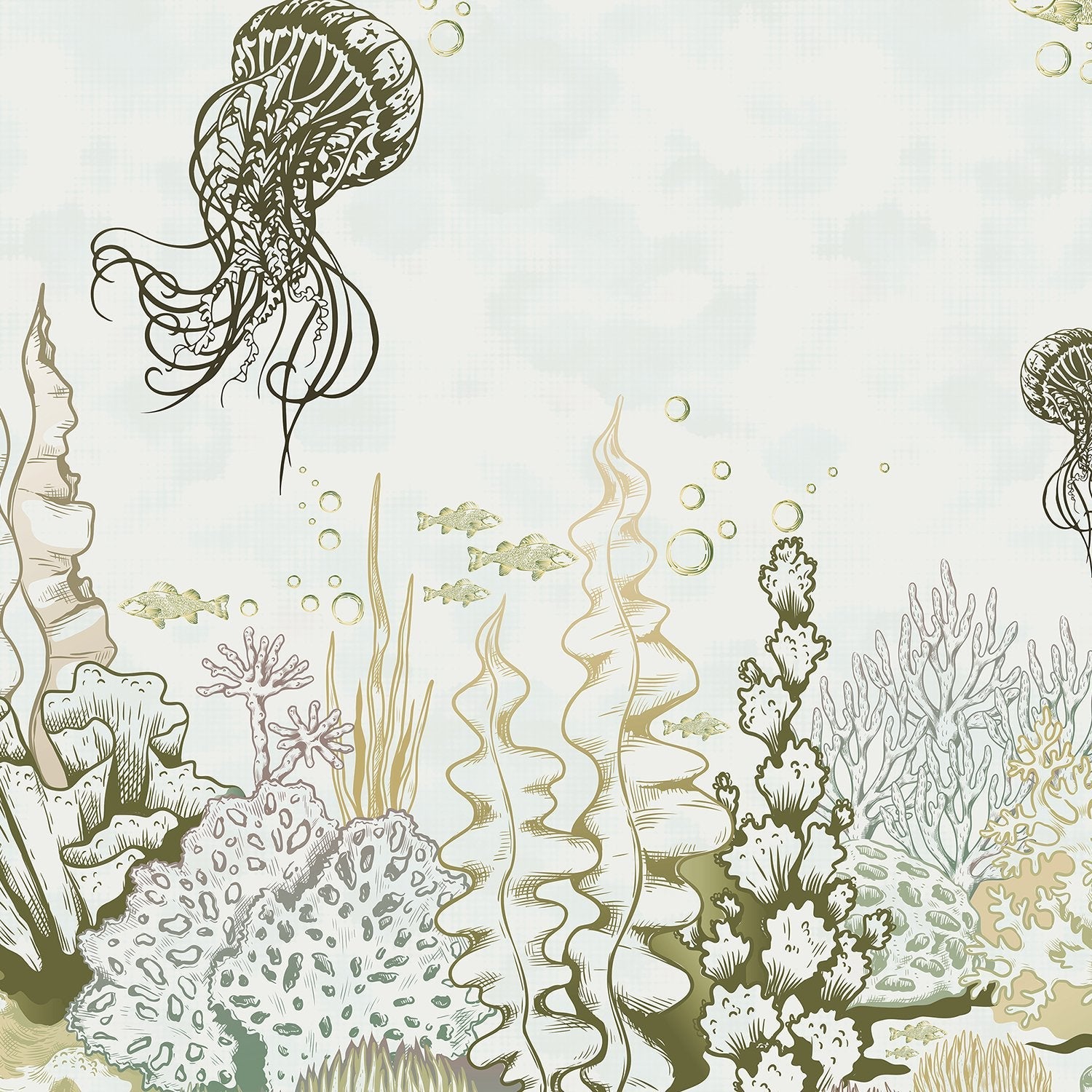 Delicate blue underwater mural with floating jellyfish and coral reef marine life elements - view 12 - final