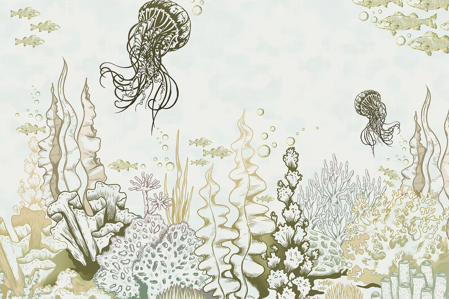 "Jellyfish coral reef underwater scene in lea - "marine and ocean" wallpaper mural-inequal final"