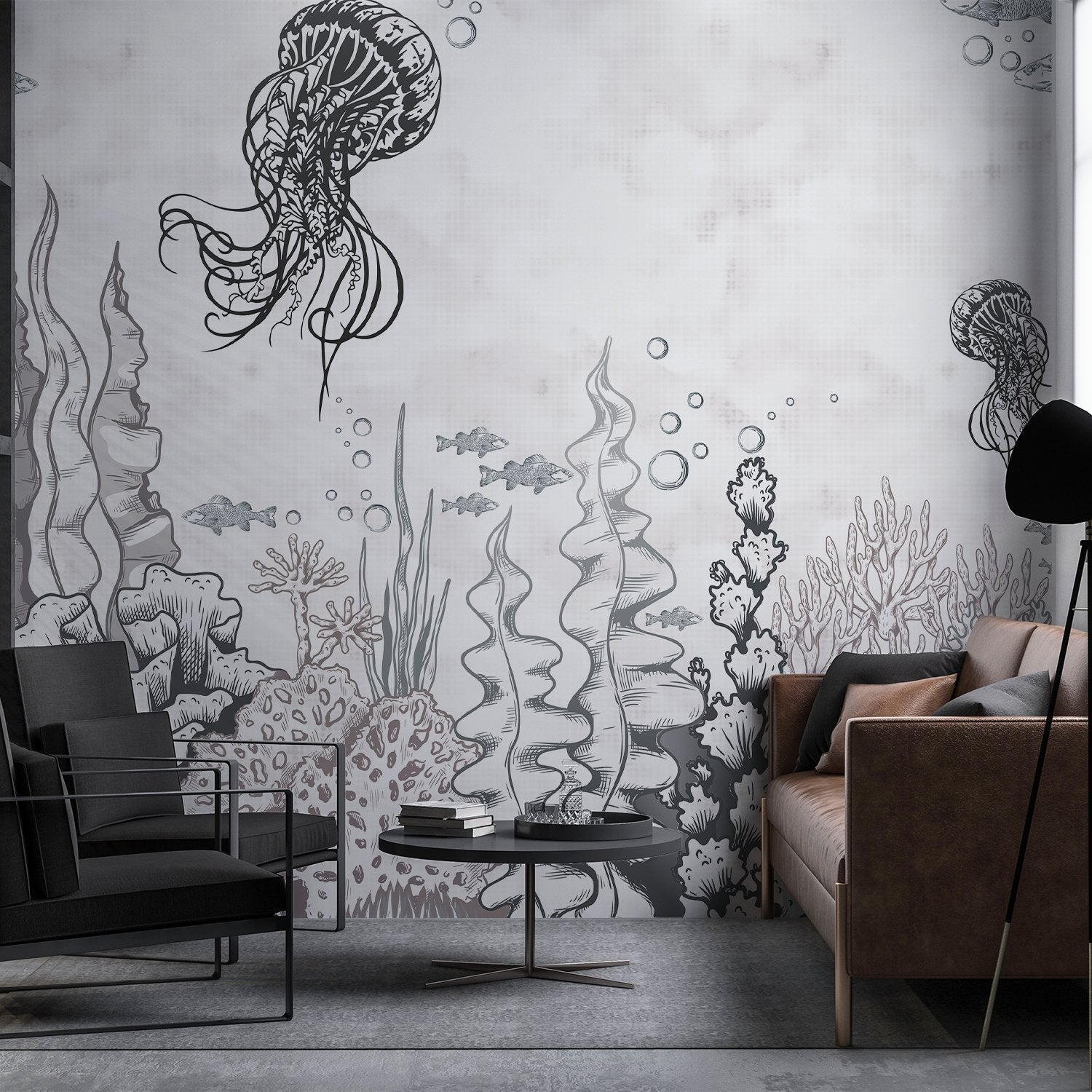 Delicate blue underwater mural with floating jellyfish and coral reef marine life elements - view 15 - final