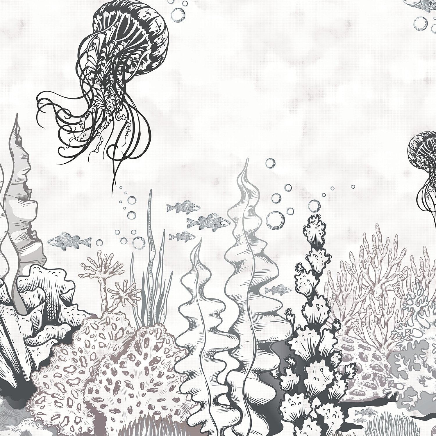 Delicate blue underwater mural with floating jellyfish and coral reef marine life elements - view 16 - final
