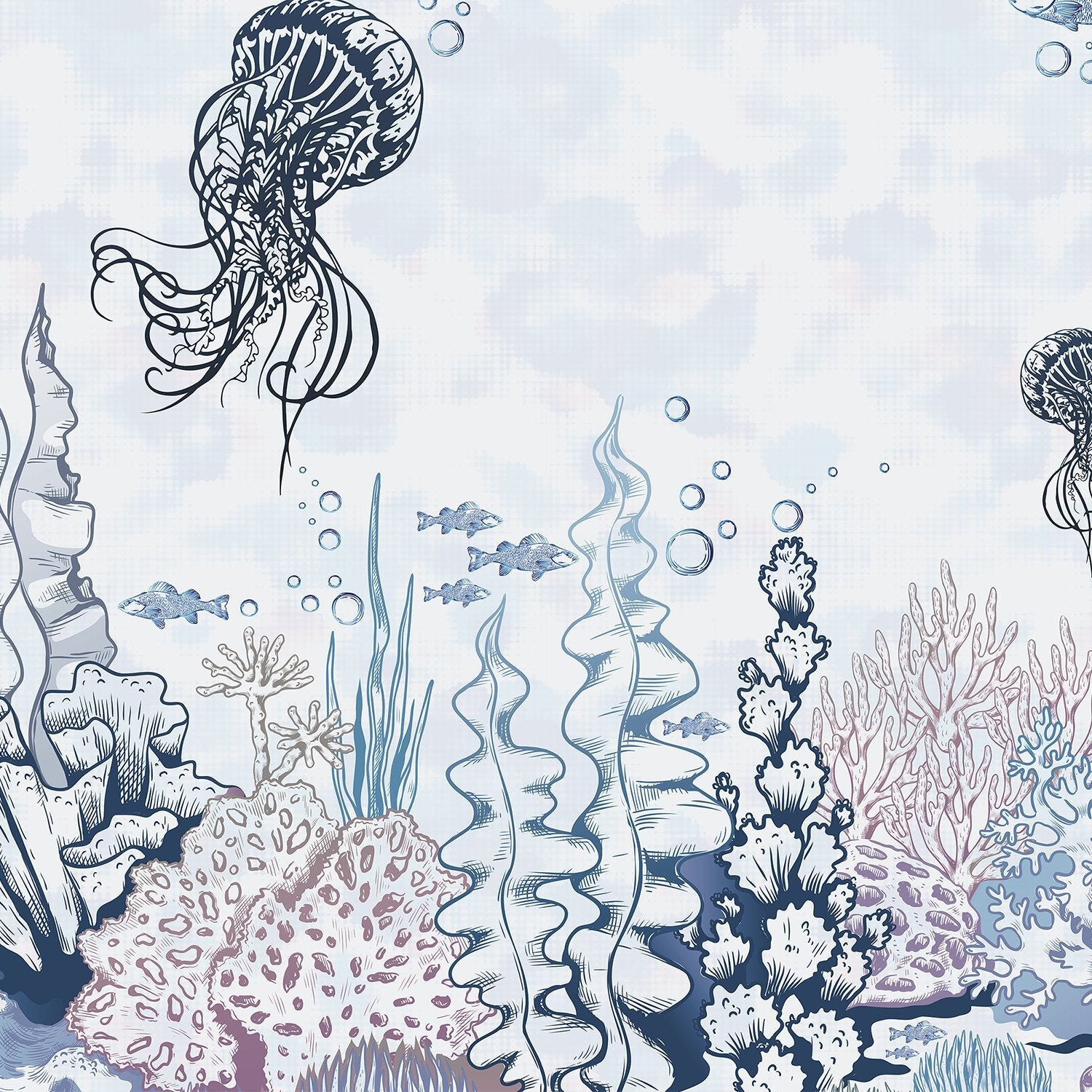 Delicate blue underwater mural with floating jellyfish and coral reef marine life elements - view 2 - final