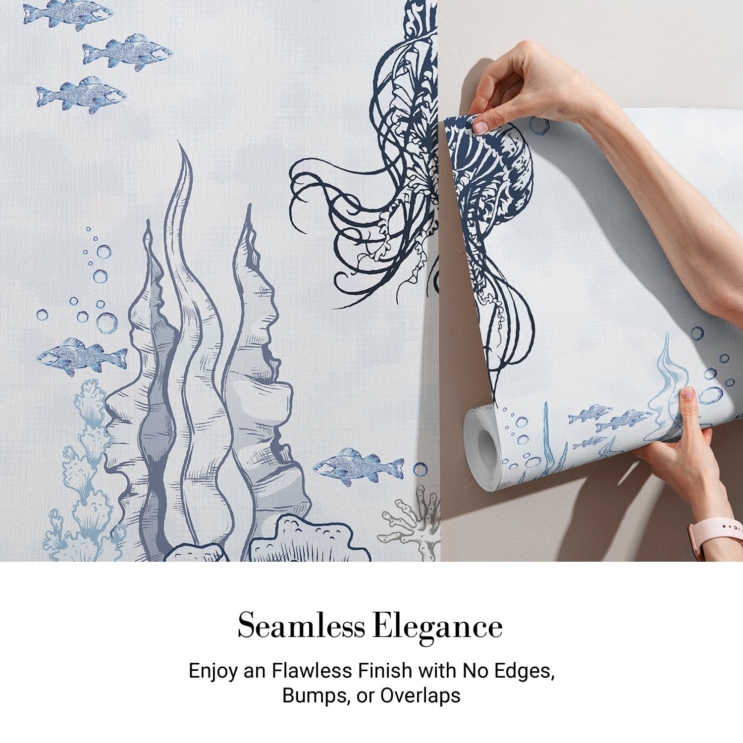 Delicate blue underwater mural with floating jellyfish and coral reef marine life elements - view 3 - final