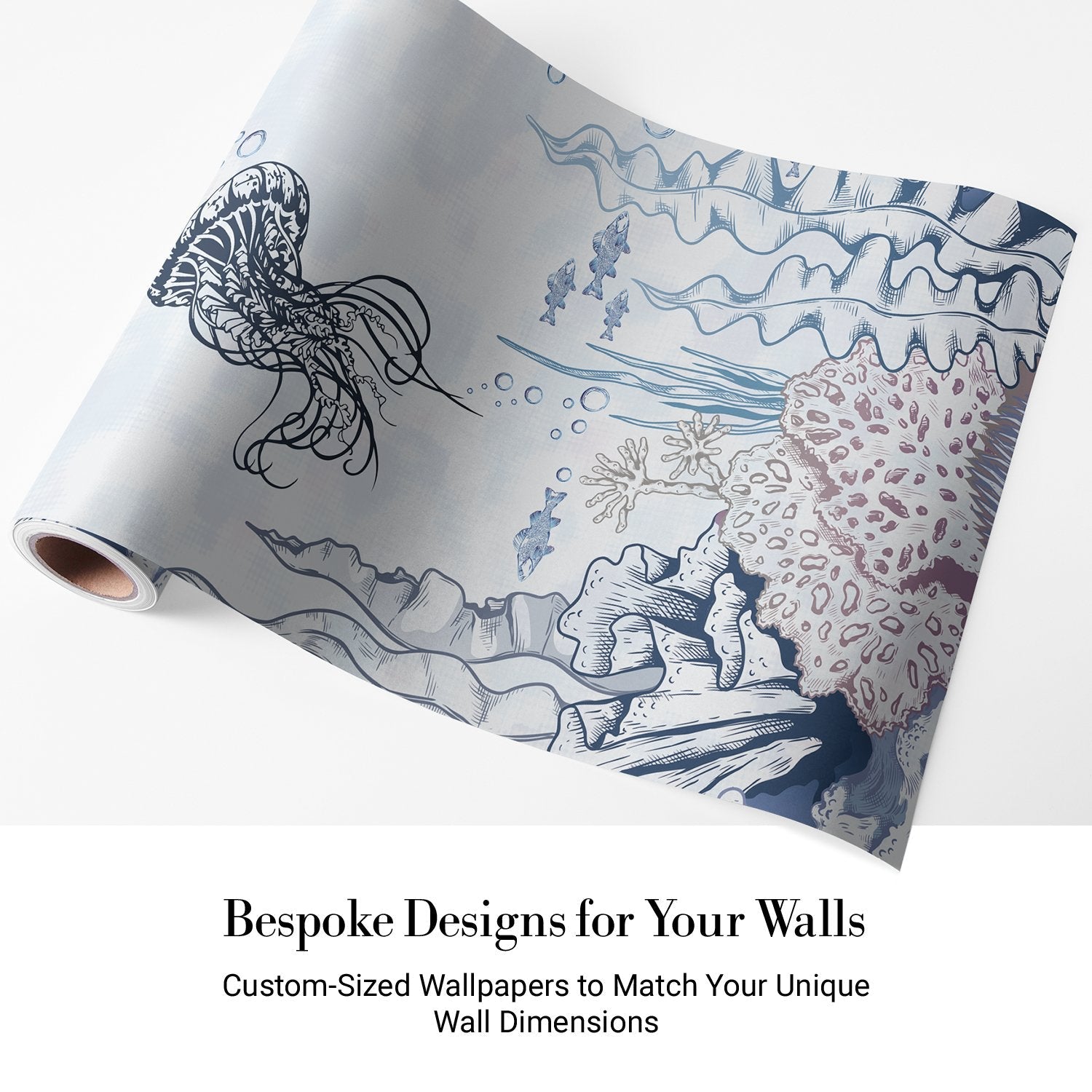 Delicate blue underwater mural with floating jellyfish and coral reef marine life elements - view 4 - final