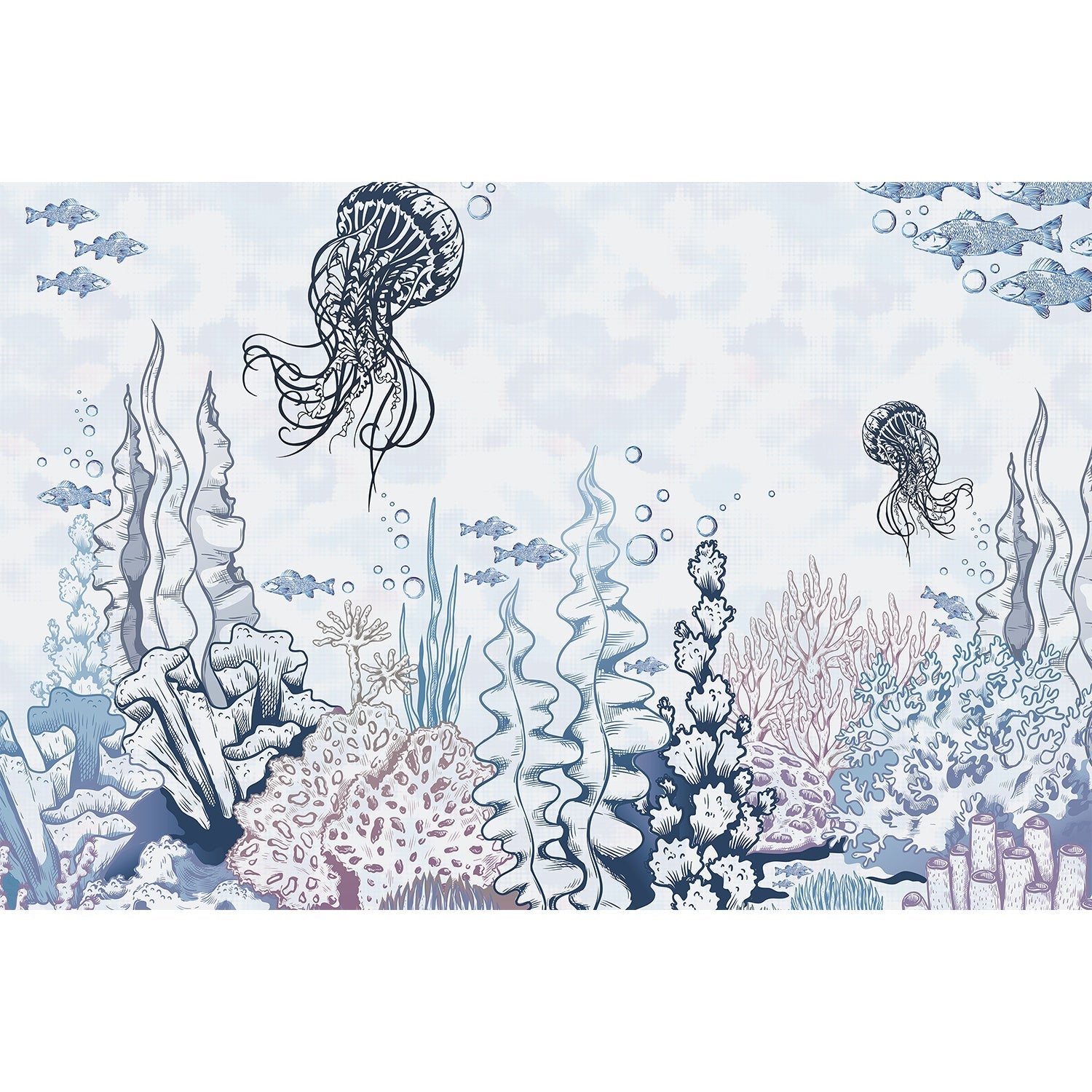 "Jellyfish coral reef underwater scene in lea - "marine and ocean" wallpaper mural-equal final"