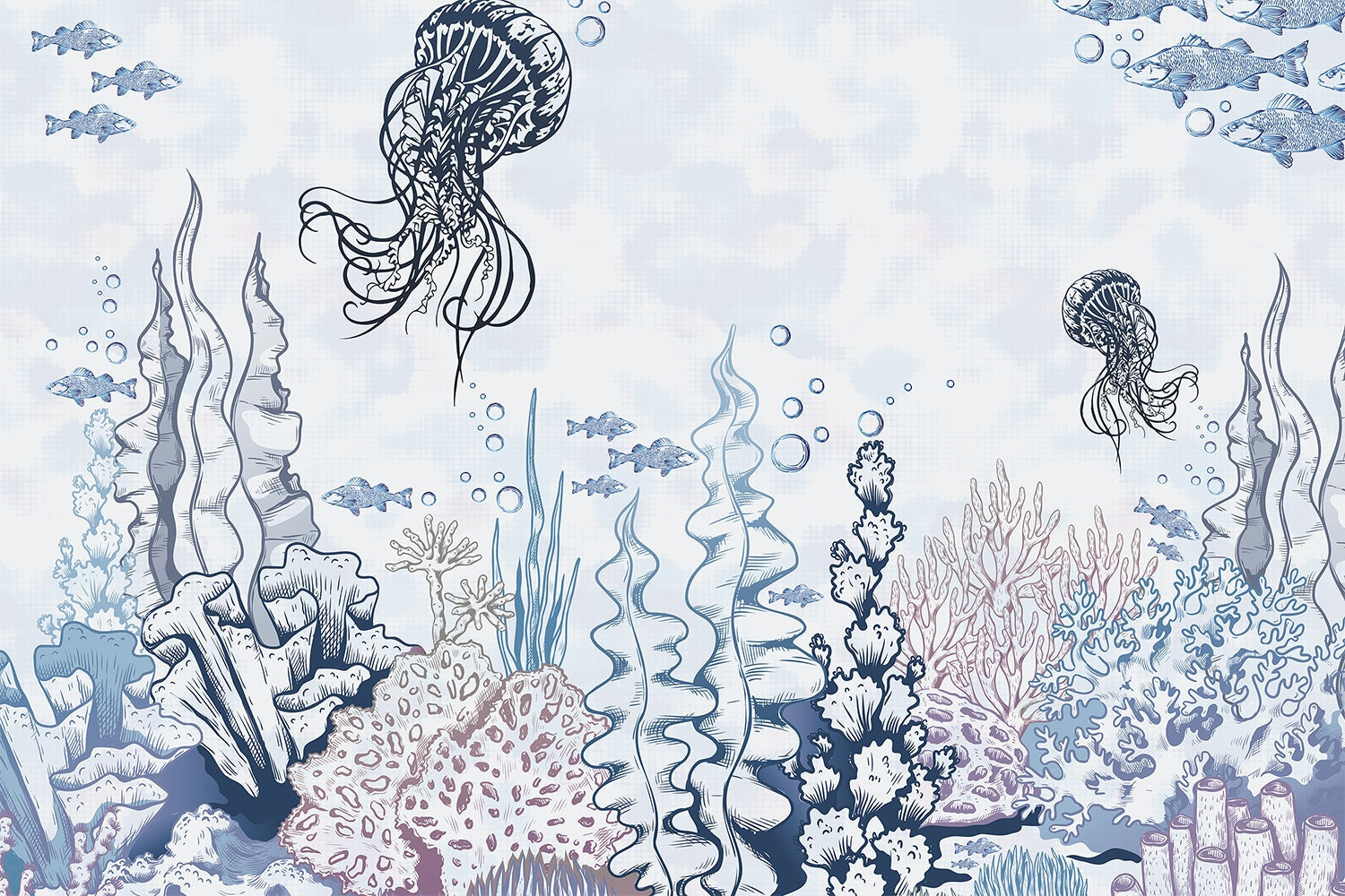 "Jellyfish coral reef underwater scene in lea - "marine and ocean" wallpaper mural-inequal final"