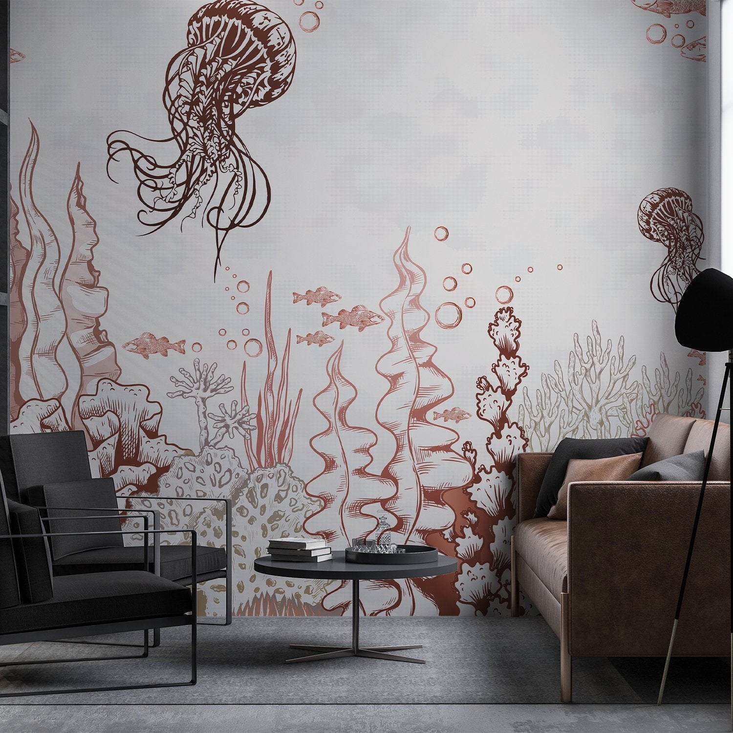 Delicate blue underwater mural with floating jellyfish and coral reef marine life elements - view 7 - final