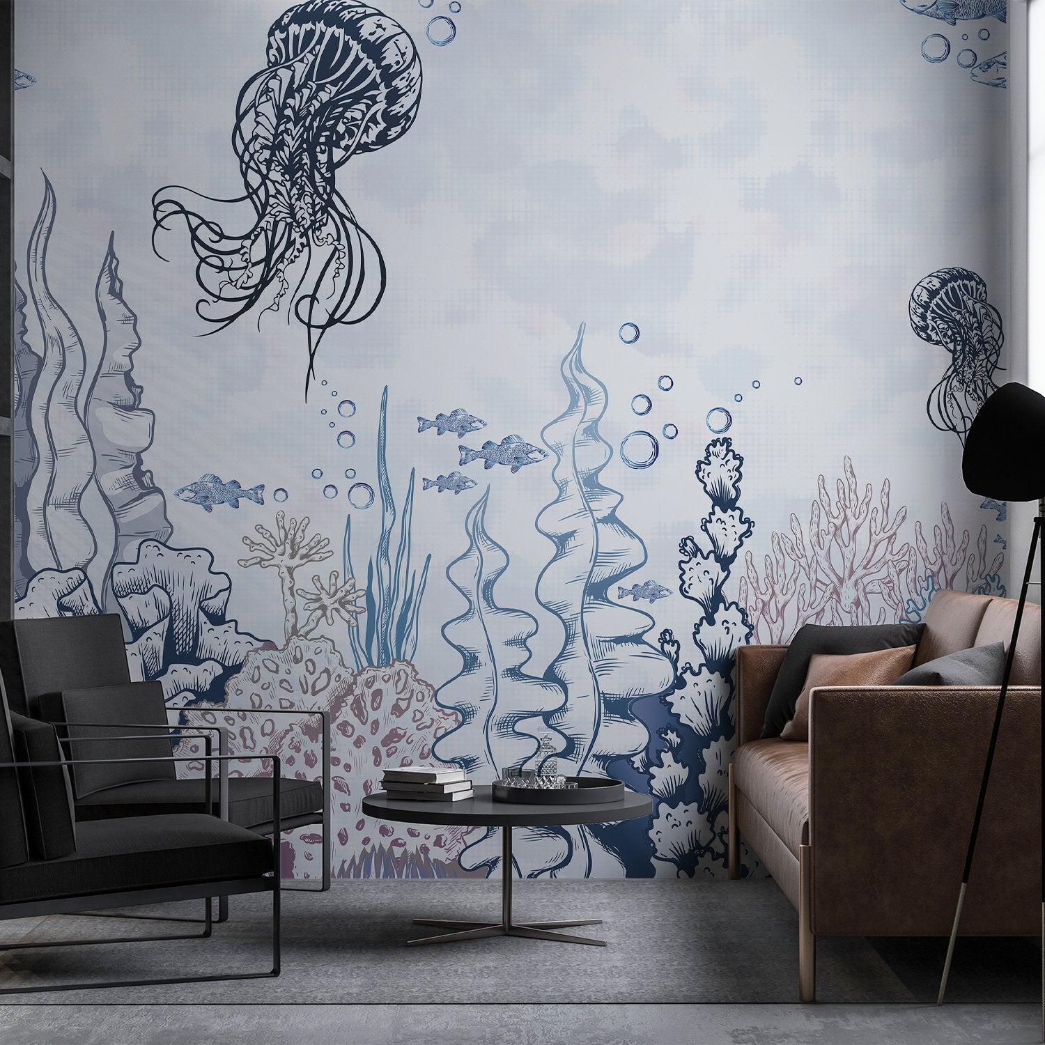 Delicate blue underwater mural with floating jellyfish and coral reef marine life elements - final living-room
