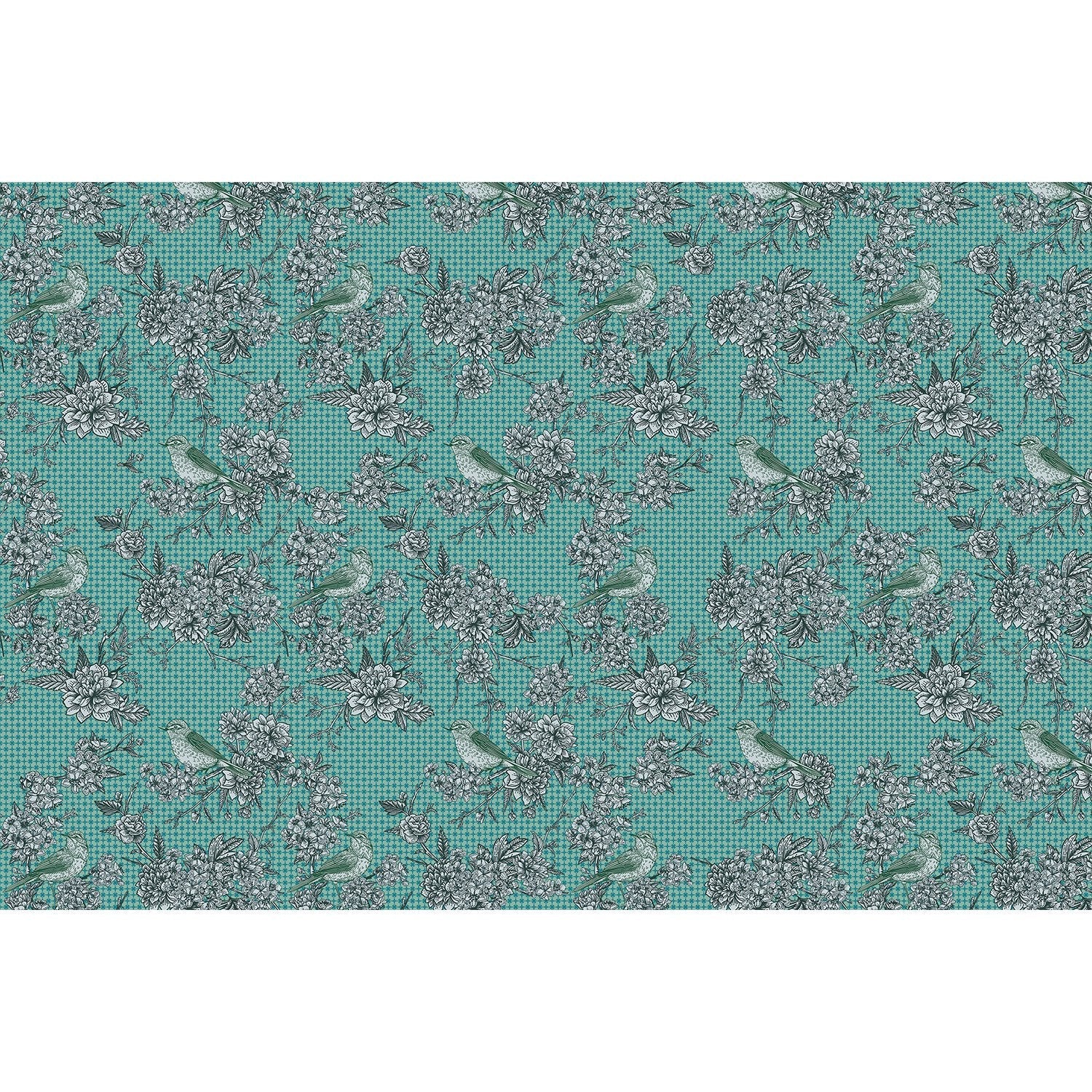 Vibrant floral escape with birds in lea - "retro and vintage" wallpaper mural-equal final