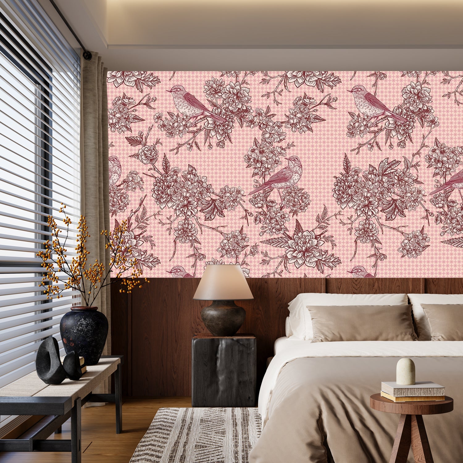 Navy blue floral wallcovering with pink birds perched among delicate beige cherry blossoms - view 16 - final