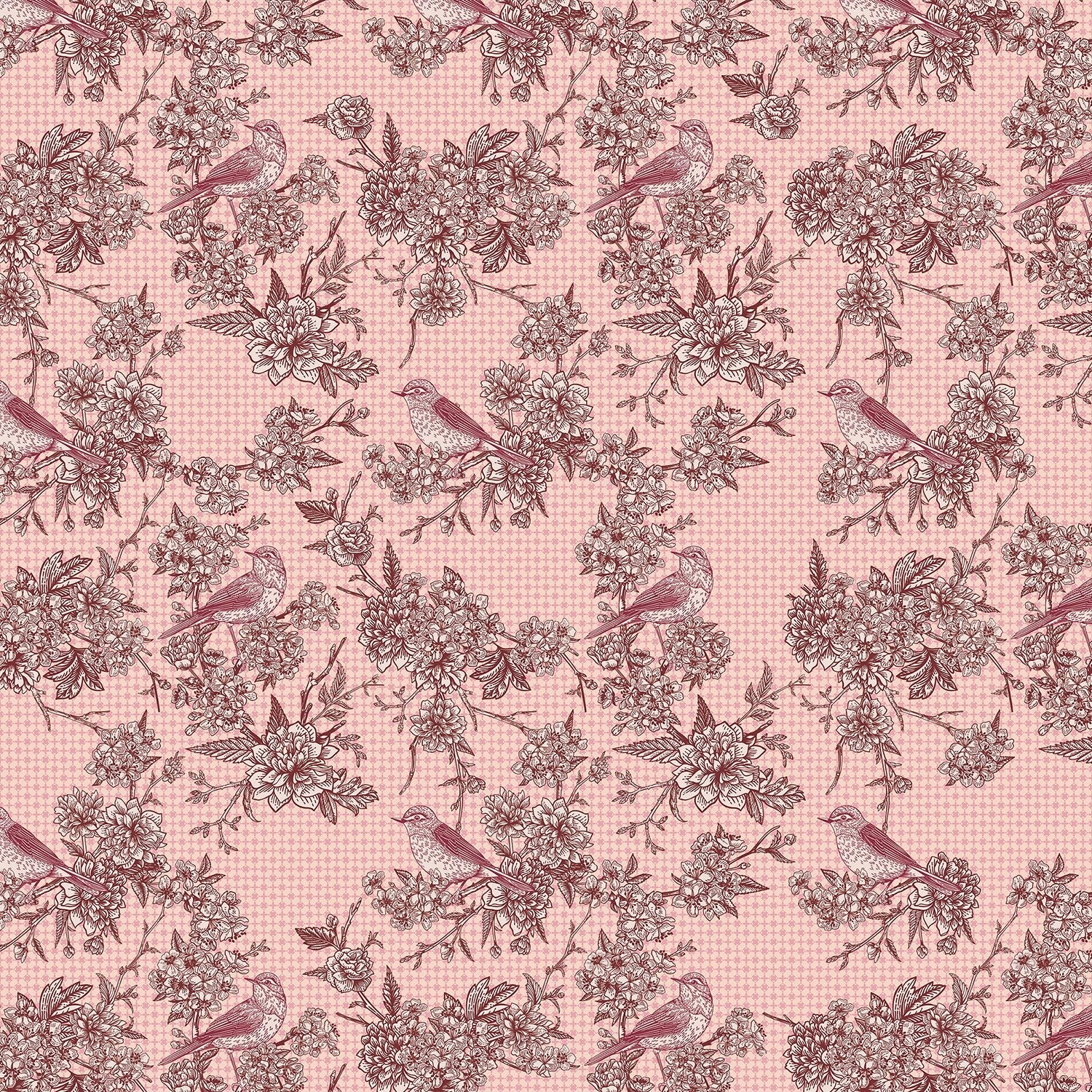 Navy blue floral wallcovering with pink birds perched among delicate beige cherry blossoms - view 17 - final