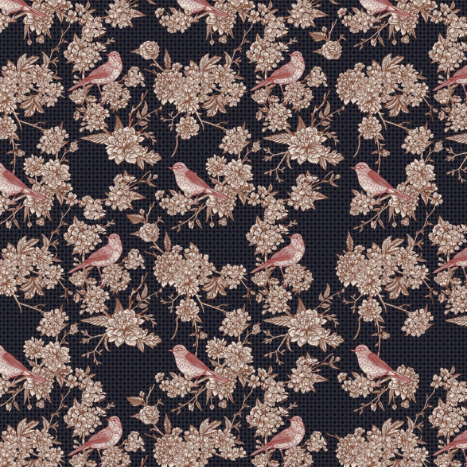Navy blue floral wallcovering with pink birds perched among delicate beige cherry blossoms - view 2 - final