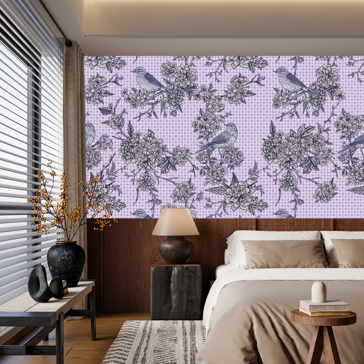 Navy blue floral wallcovering with pink birds perched among delicate beige cherry blossoms - view 21 - final
