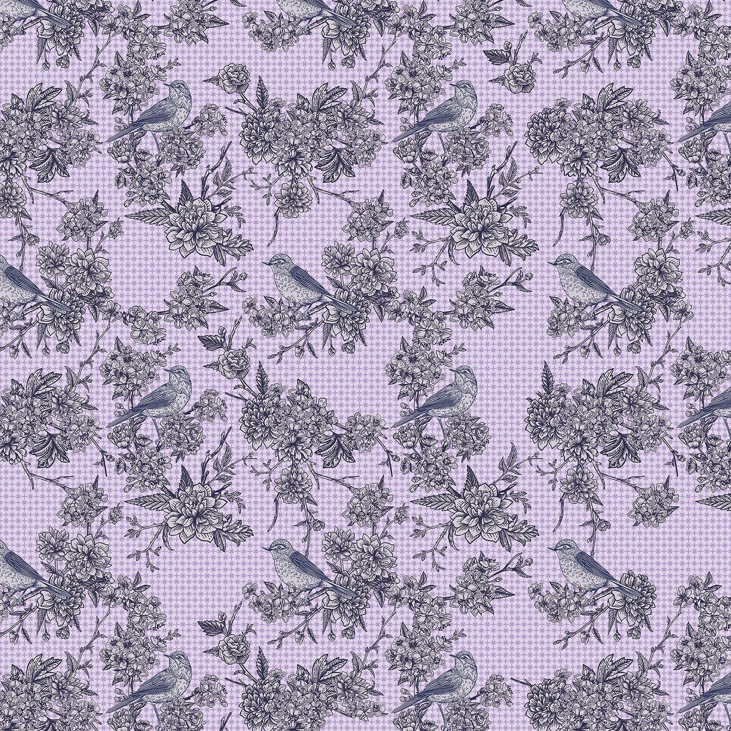 Navy blue floral wallcovering with pink birds perched among delicate beige cherry blossoms - view 22 - final