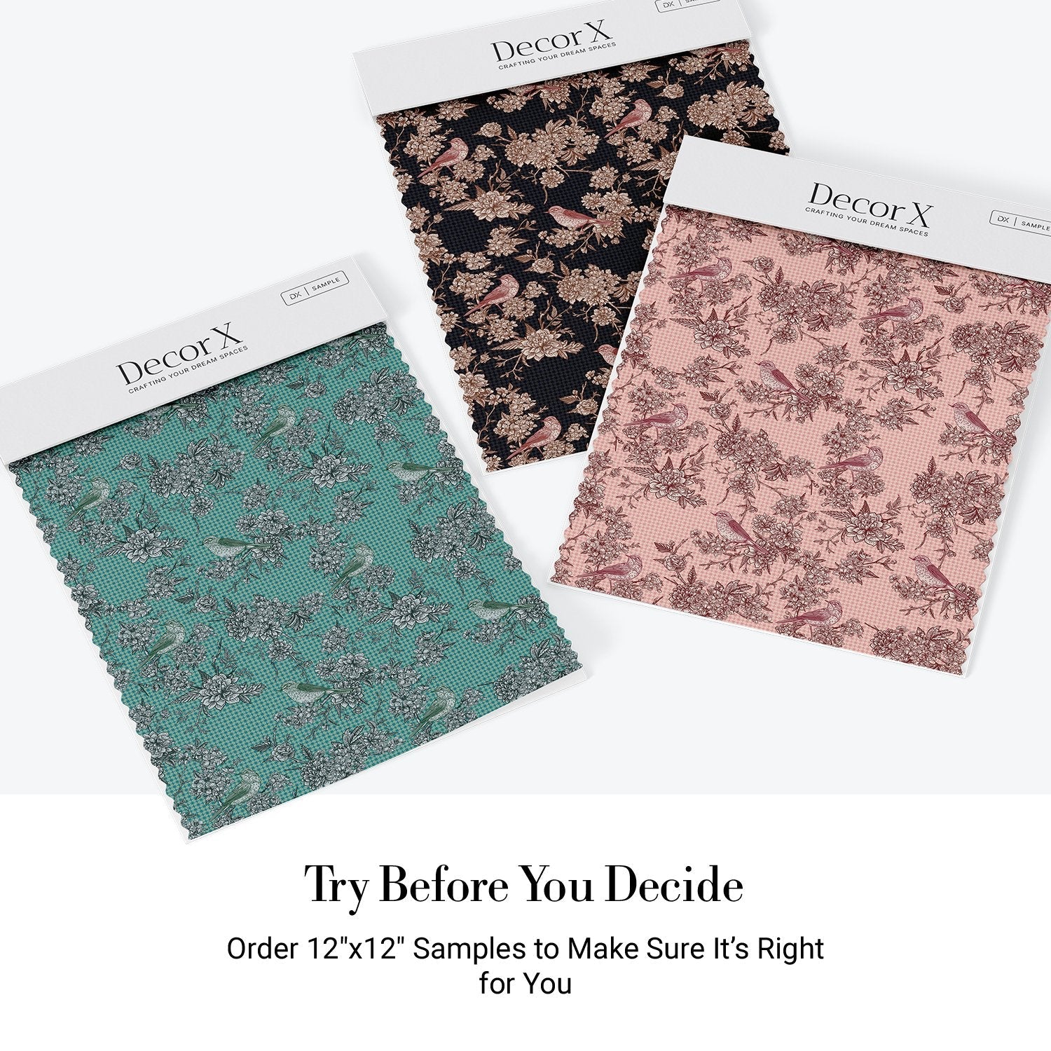 Navy blue floral wallcovering with pink birds perched among delicate beige cherry blossoms - view 27 - final all-groups samples