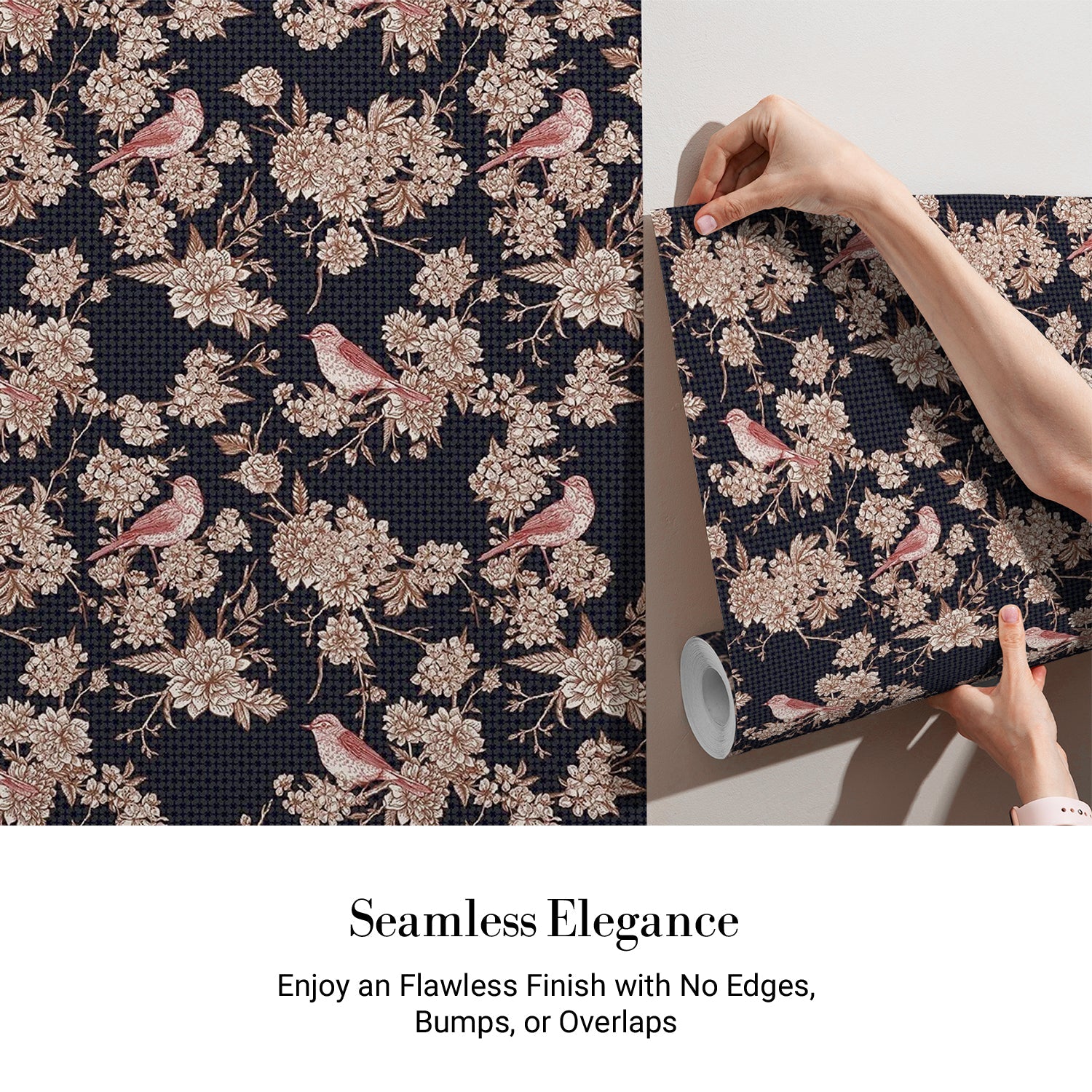 Navy blue floral wallcovering with pink birds perched among delicate beige cherry blossoms - view 4 - final