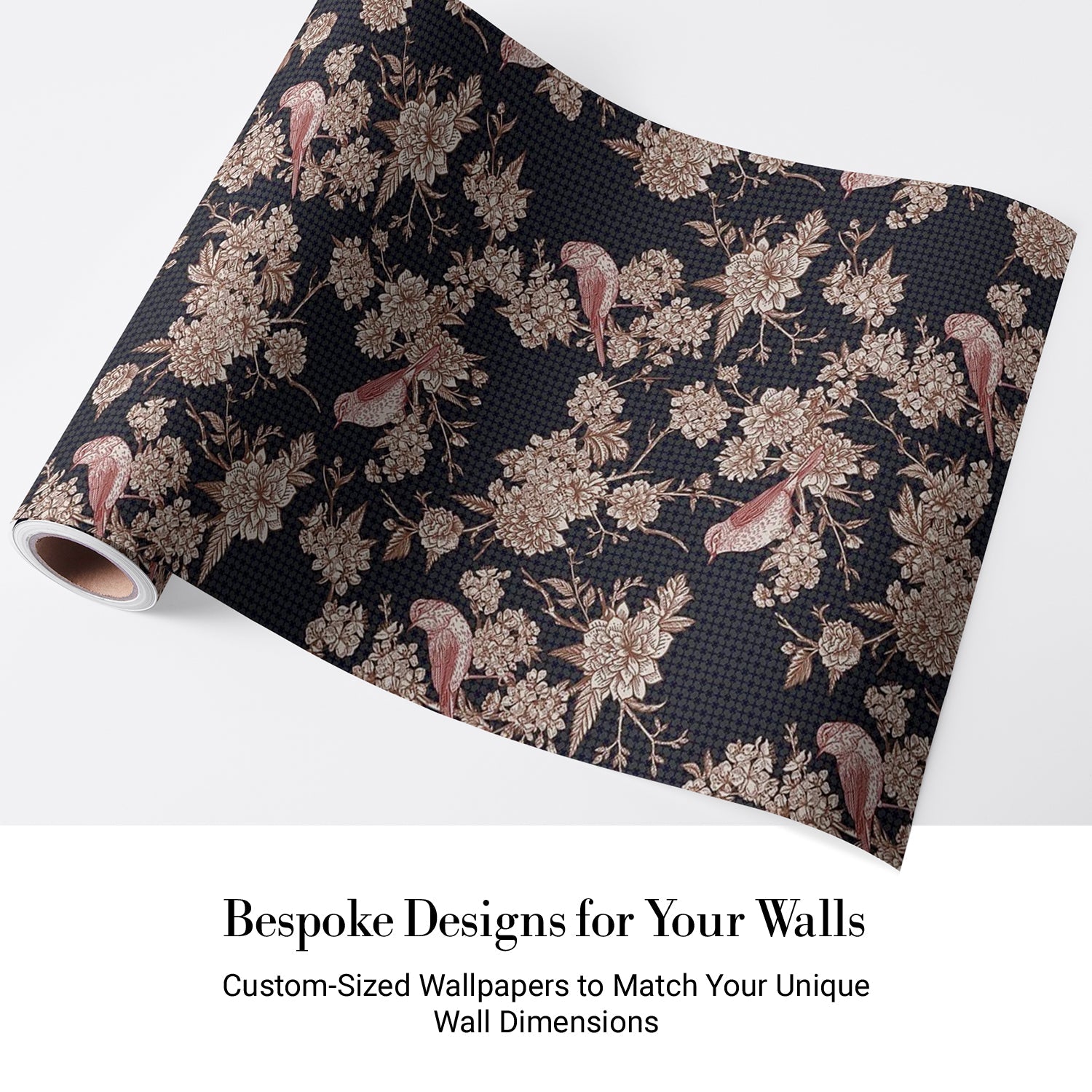 Navy blue floral wallcovering with pink birds perched among delicate beige cherry blossoms - view 5 - final