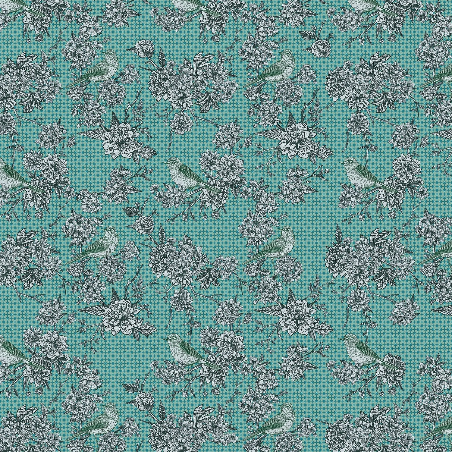 Navy blue floral wallcovering with pink birds perched among delicate beige cherry blossoms - view 8 - final