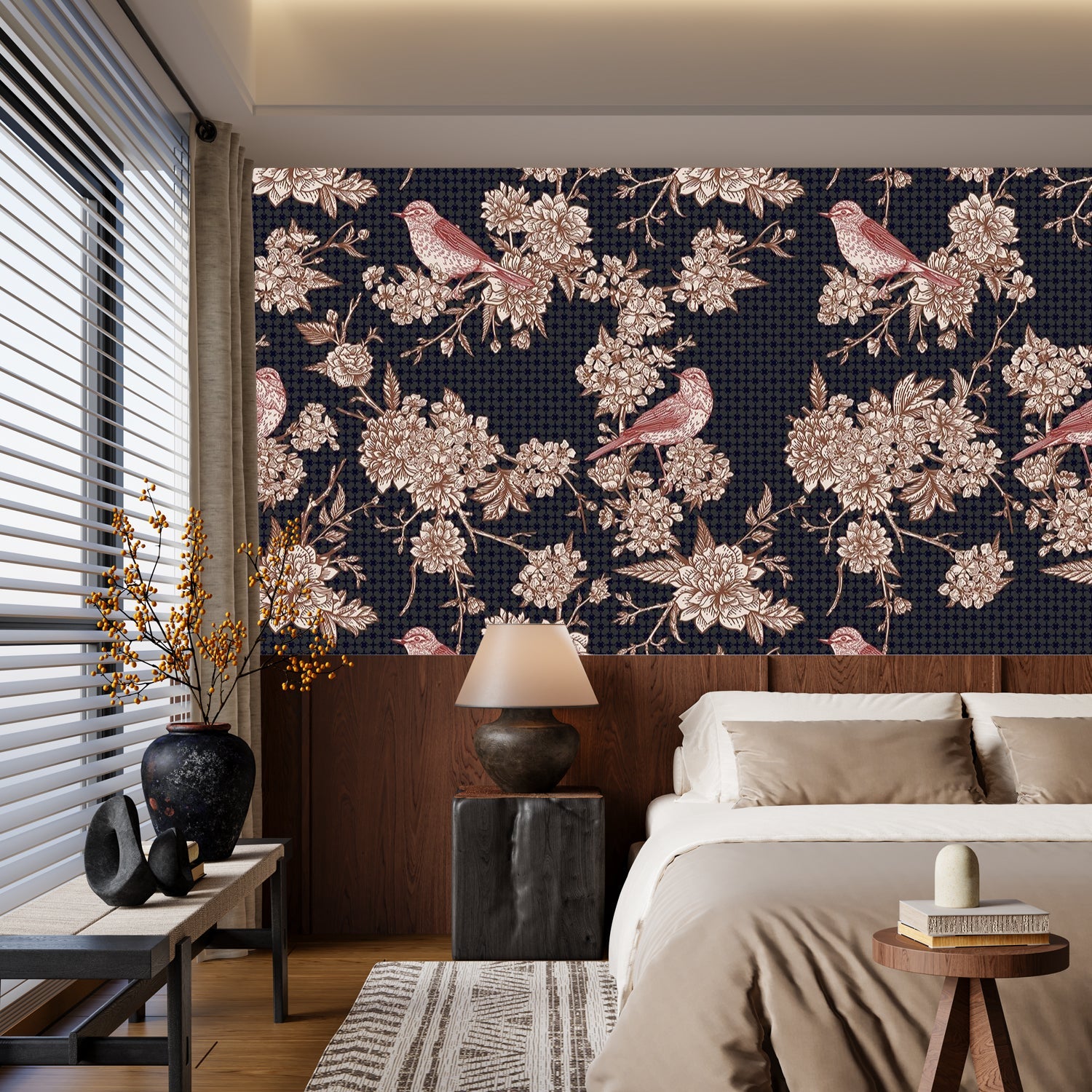 Navy blue floral wallcovering with pink birds perched among delicate beige cherry blossoms - final bed-room
