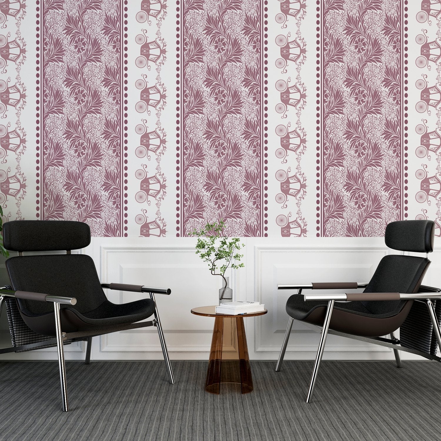 Vertical striped design with ornate carriages and delicate gray floral motifs in European style - view 14 - final