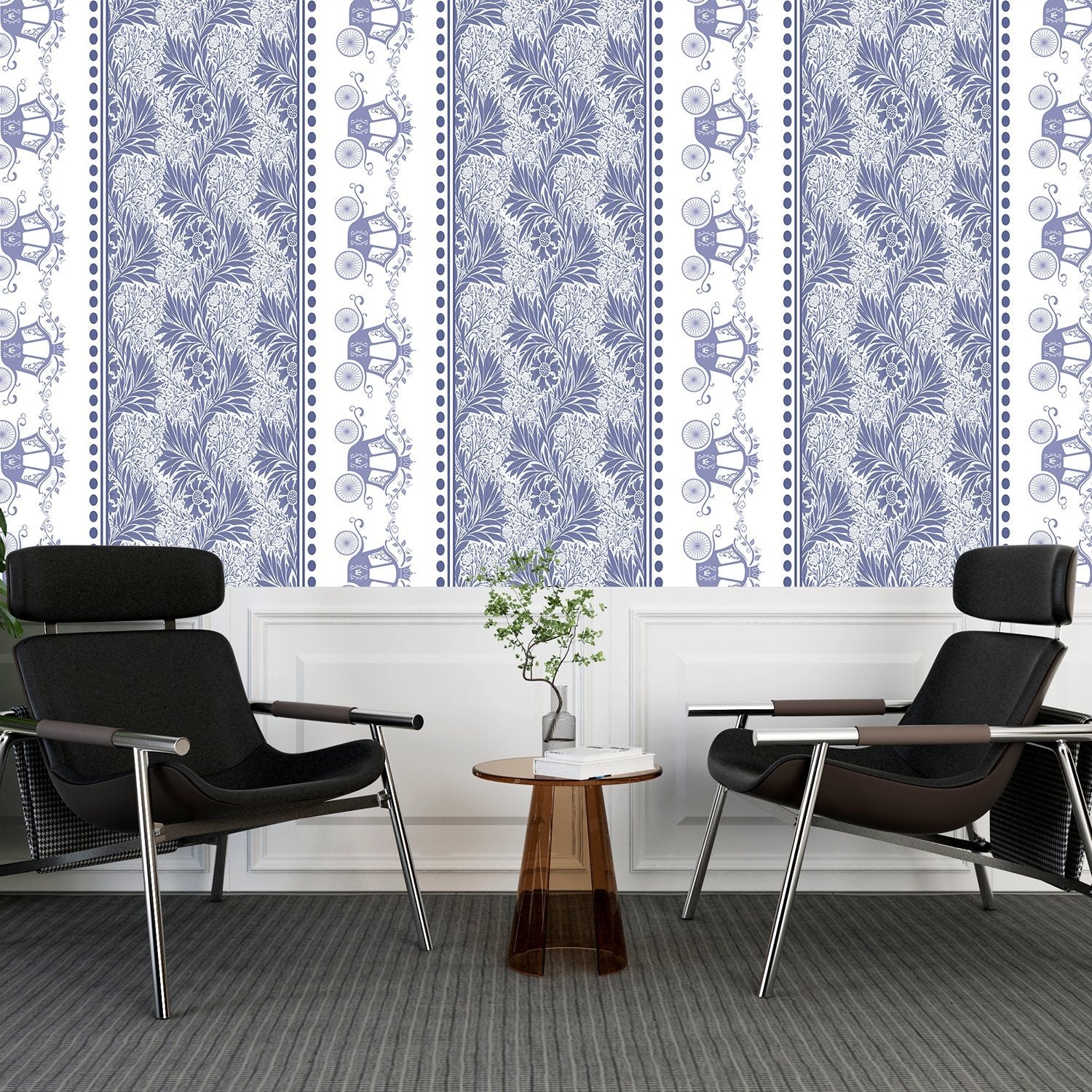 Vertical striped design with ornate carriages and delicate gray floral motifs in European style - view 18 - final