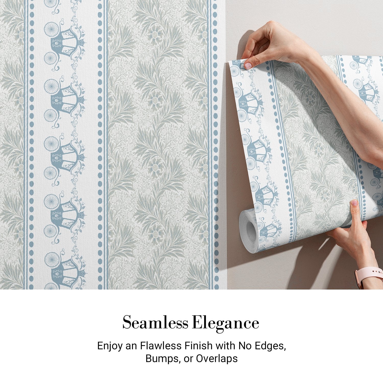 Vertical striped design with ornate carriages and delicate gray floral motifs in European style - view 3 - final